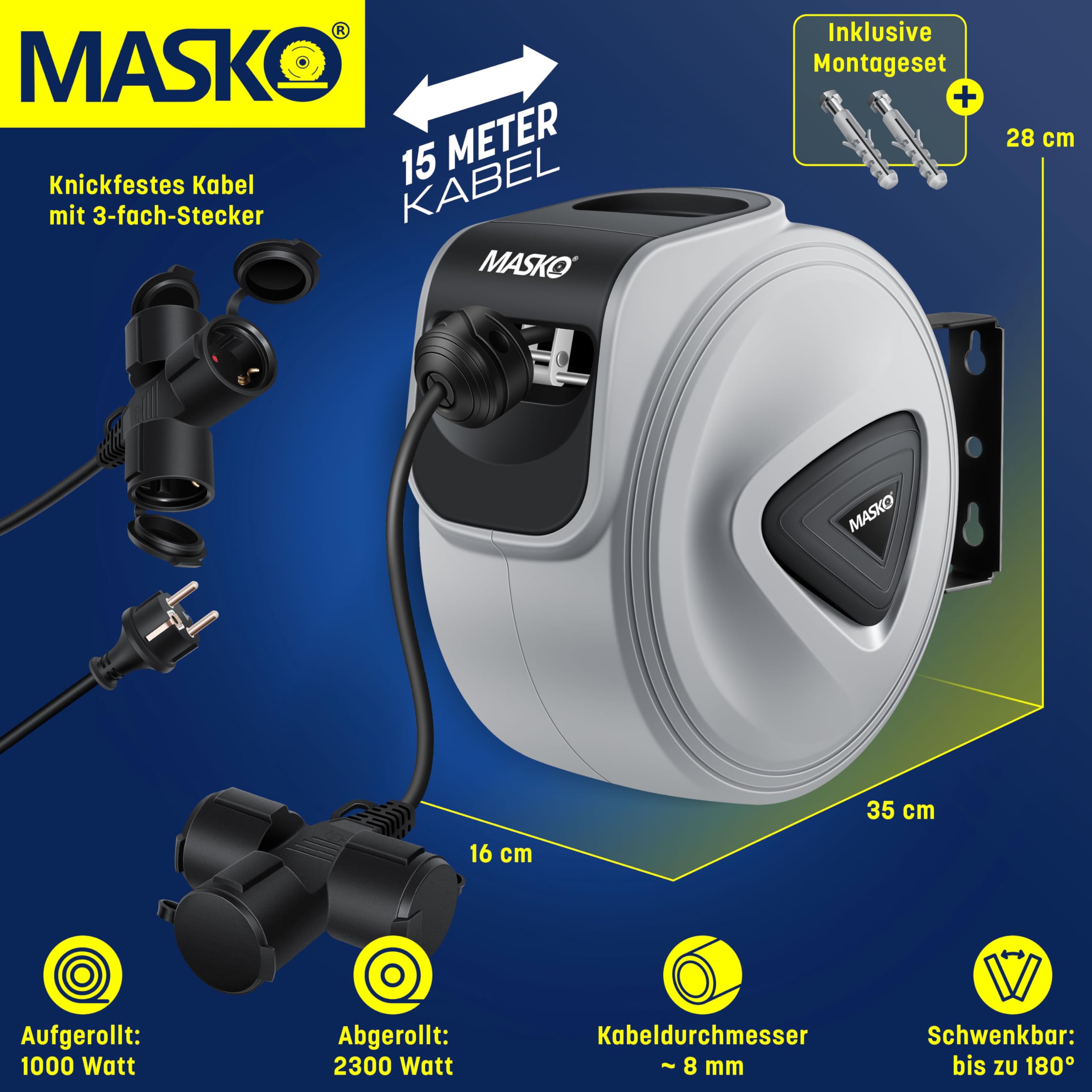MASKO® Automatyczny bęben kablowy, przedłużacz 20 m, 3-krotne podłączenie, obracany o 180°, przewód doprowadzający, uchwyt ścienny, warsztat, zwijacz kabli, automatyczny bęben prądowy, szary / czarny