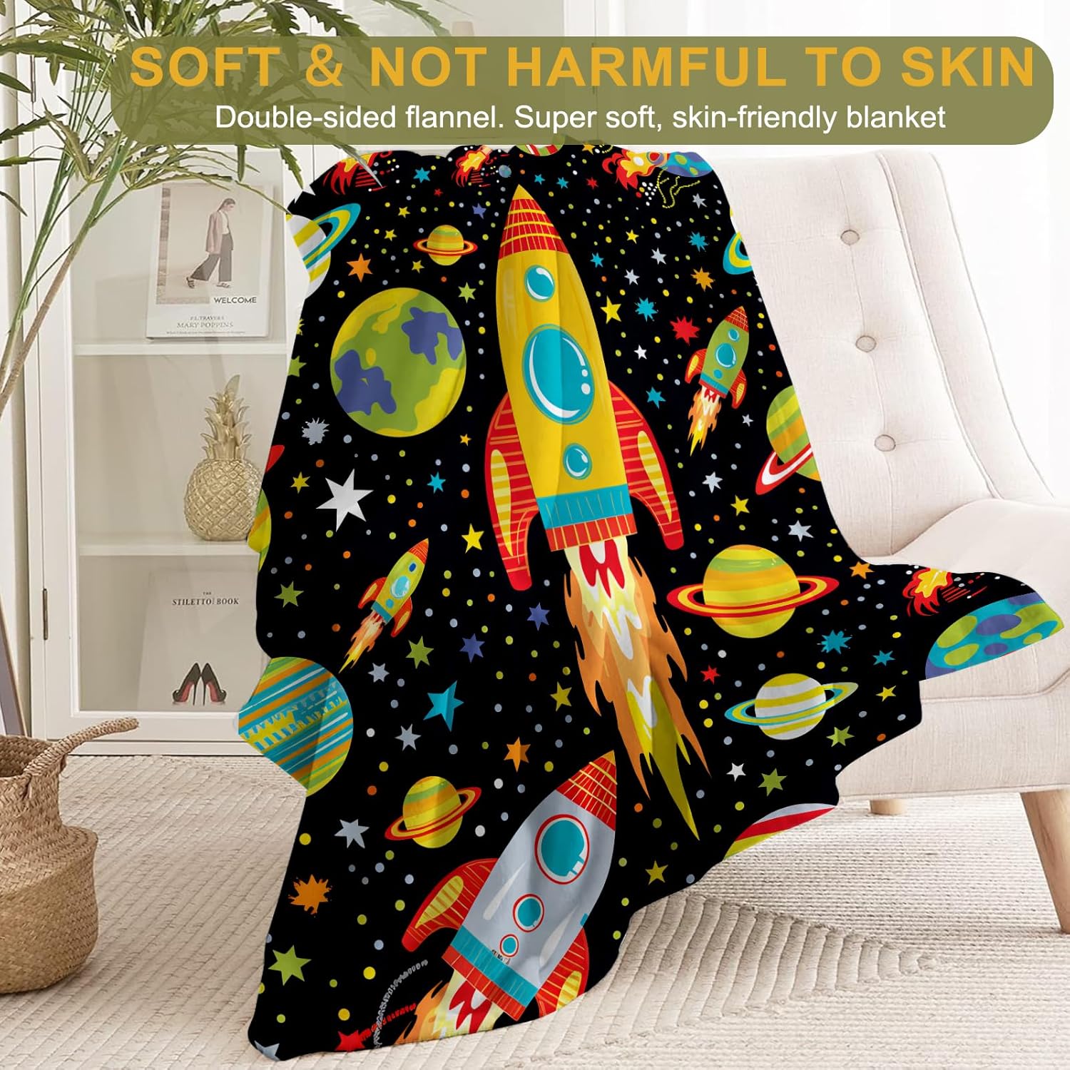 Fun Space Adventure Throw Blanket- Ultra Soft, Fleece, Lightweight,Colorful Rocket and Planet Blankets, for Couch Room Bedroom, Modern Decor, Gifts for Boys & Astronaut Lovers 50x60in - Image 2