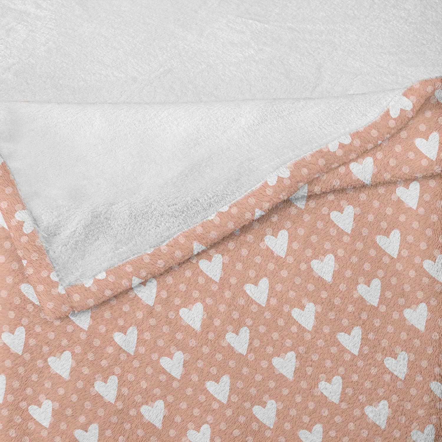 Lunarable Valentine Throw Blanket, Pattern with White Hearts and Pastel Polka Dots Romantic Retro, Flannel Fleece Accent Piece Soft Couch Cover for Adults, 50" x 60", Pale Pink White Peach