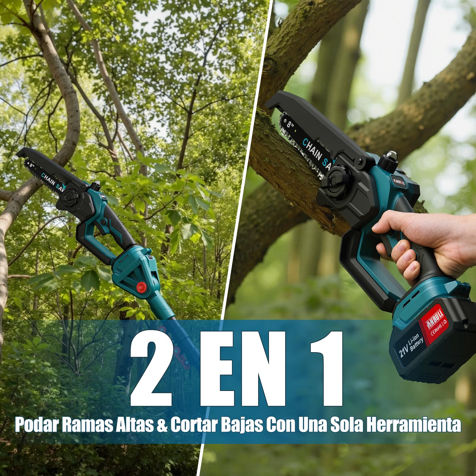 Anbull 2-en-1 8 Pulgadas Mini Motosierra de Pértiga Inalámbrica | Motosierra electrica telescopica 1200W Sin Esc, 2 baterías 4000mAh, alcance máx. 4,8 m, Ideal para poda y corte de ramas