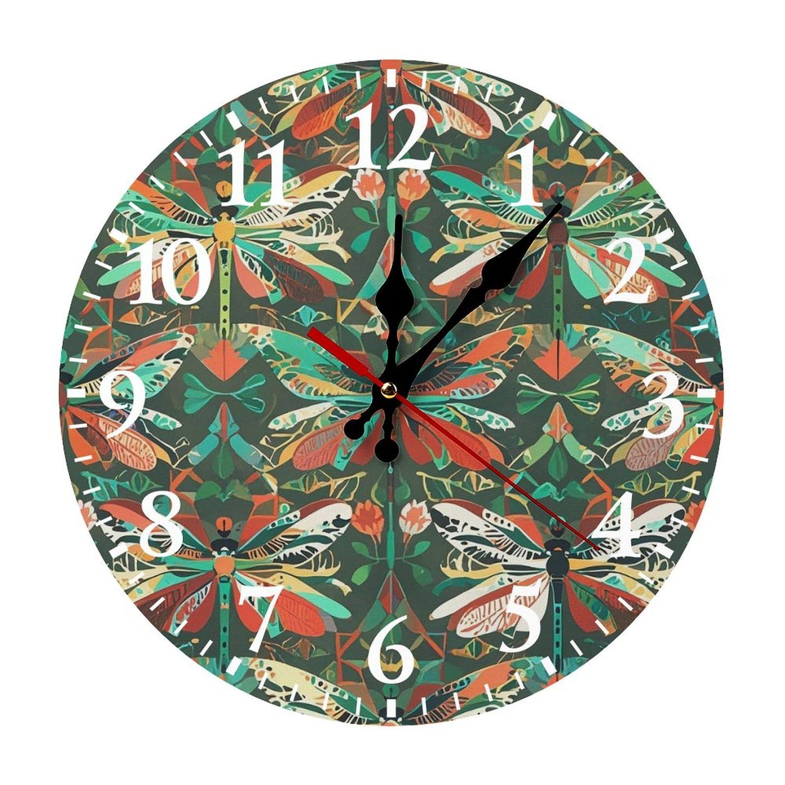 QMNLKH Dragonfly Wall Clock for Home, Battery Operated Clock for Hotel, Round Wall Clock with Arabic Numerals White, Easy to Read, Non-Ticking Clocks for Living Room 25 * 25cm