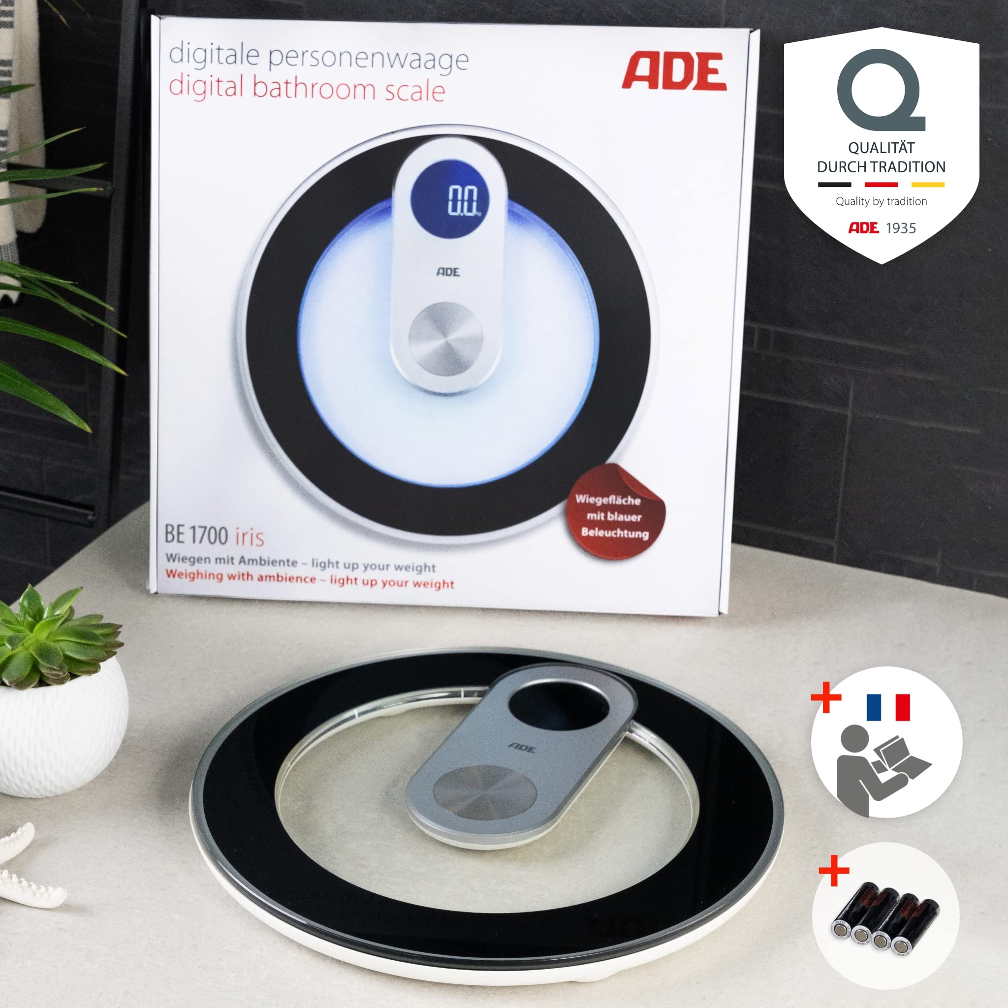 ADE Pèse-personne numérique en verre | résultats très précis | éclairage LED bleu stylé | écran LED | corps rond sans coins ni bords | jusqu'à 180 kg