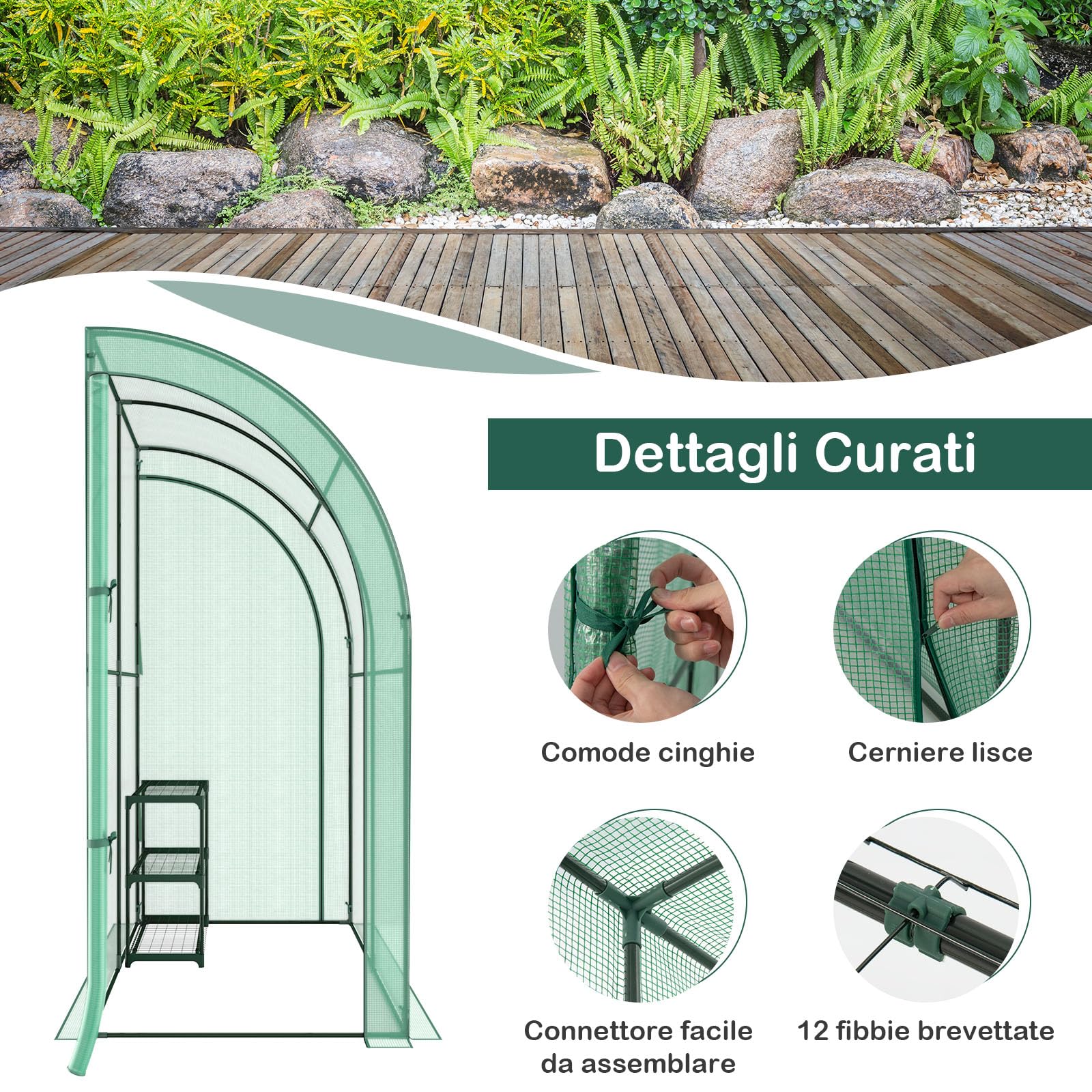 GYMAX Serra da Giardino da Parete, Mini Serra a Muro per Esterni con Ripiano a 3 Livelli, 2 Porte d’Ingresso con Cerniera, per Giardino, Cortile, 198,5 x 98 x 215 cm, Verde