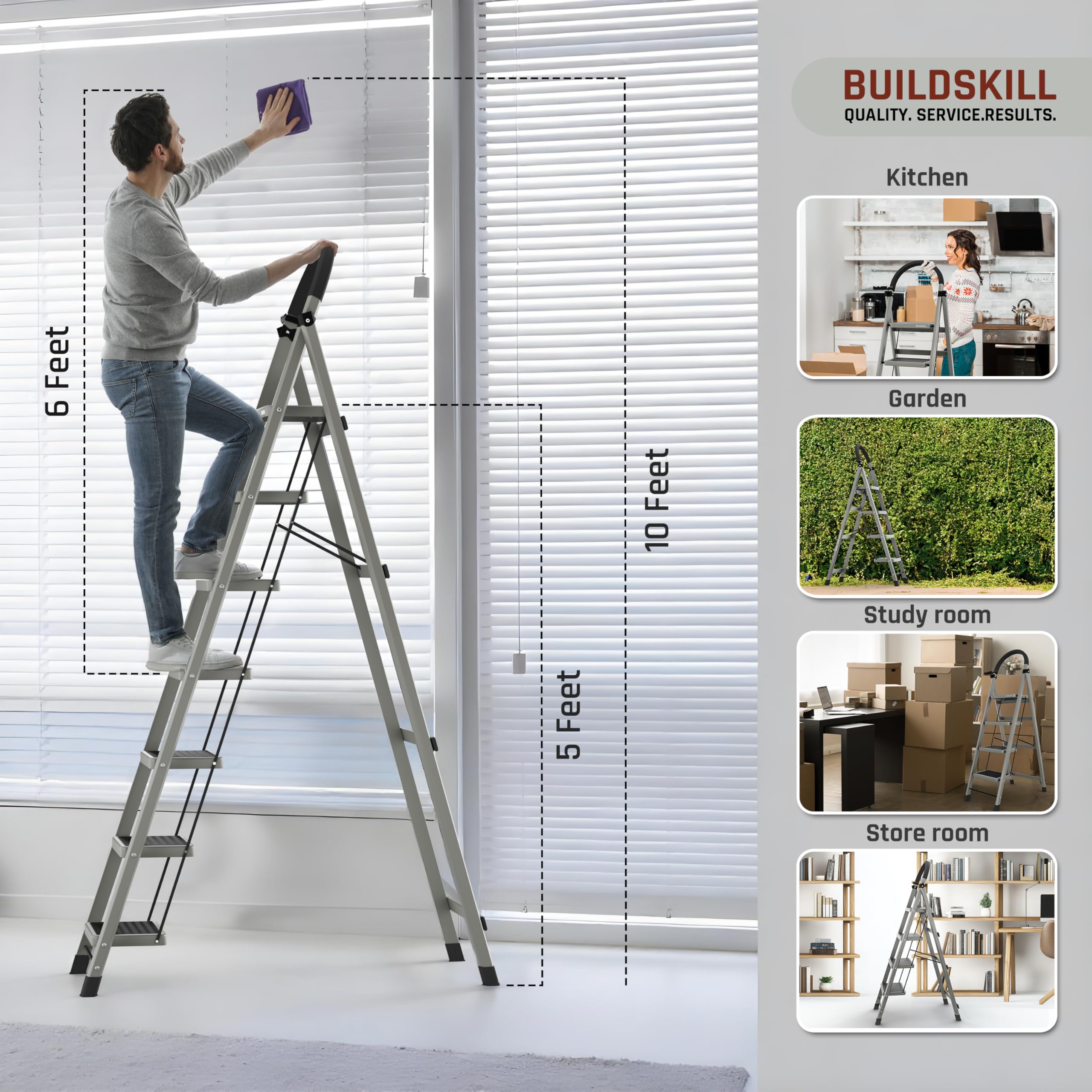 BUILDSKILL Ladder for Home 7 Steps Foldable with Built-in Tool Tray | Heavy Duty D Shape Rods | 20 x 30cm Large Platform | Wide Rubber Feet | Secure Lock | 150Kg Capacity - 5 Years Warranty — Amazon image 7