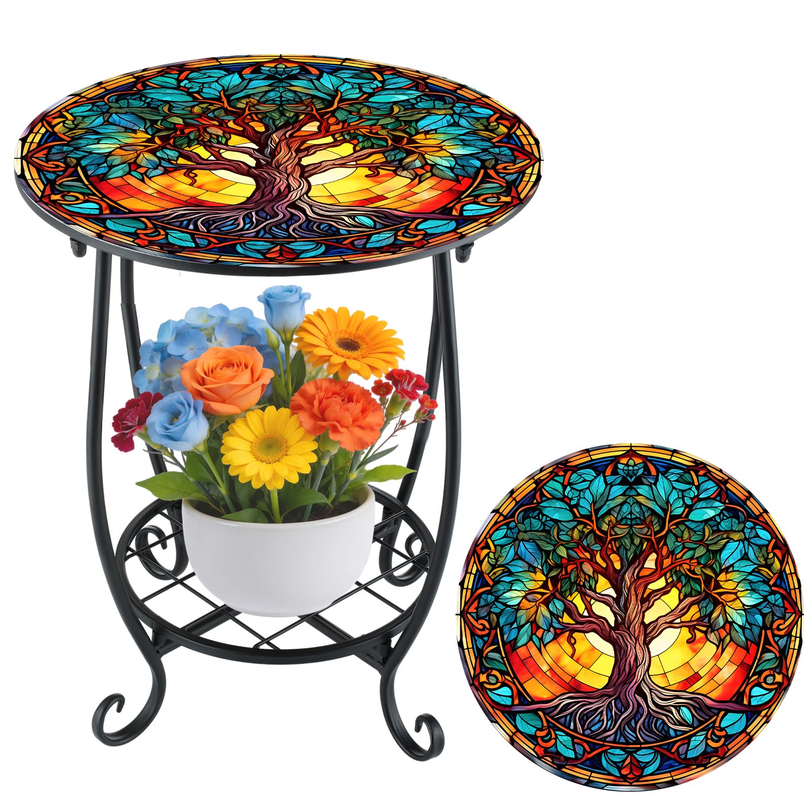 Cinnvoice Outdoor Side Table Round Small Mosaic Patio Accent Indoor End Plant Coffee Tea Table for Yard Patio Porch Garden Living Room, Bedroom(Tree of Life Style,12 Inch)