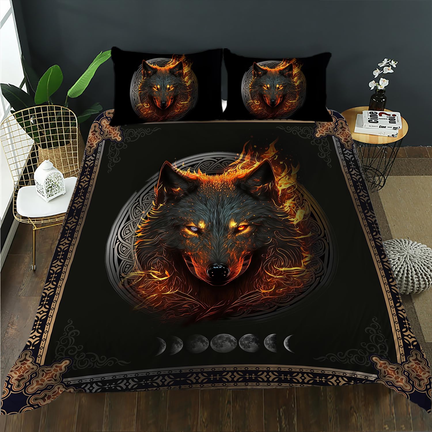 AILONEN Wolf Duvet Cover Set Queen Size, Wolf Dream Catcher Bedding Set for Kids Boys,Safari Animals Printed Galaxy Wolf Comforter Cover,Boho Style Duvet Cover,1 Quilt Cover and 2 Pillowcases,3 PCS