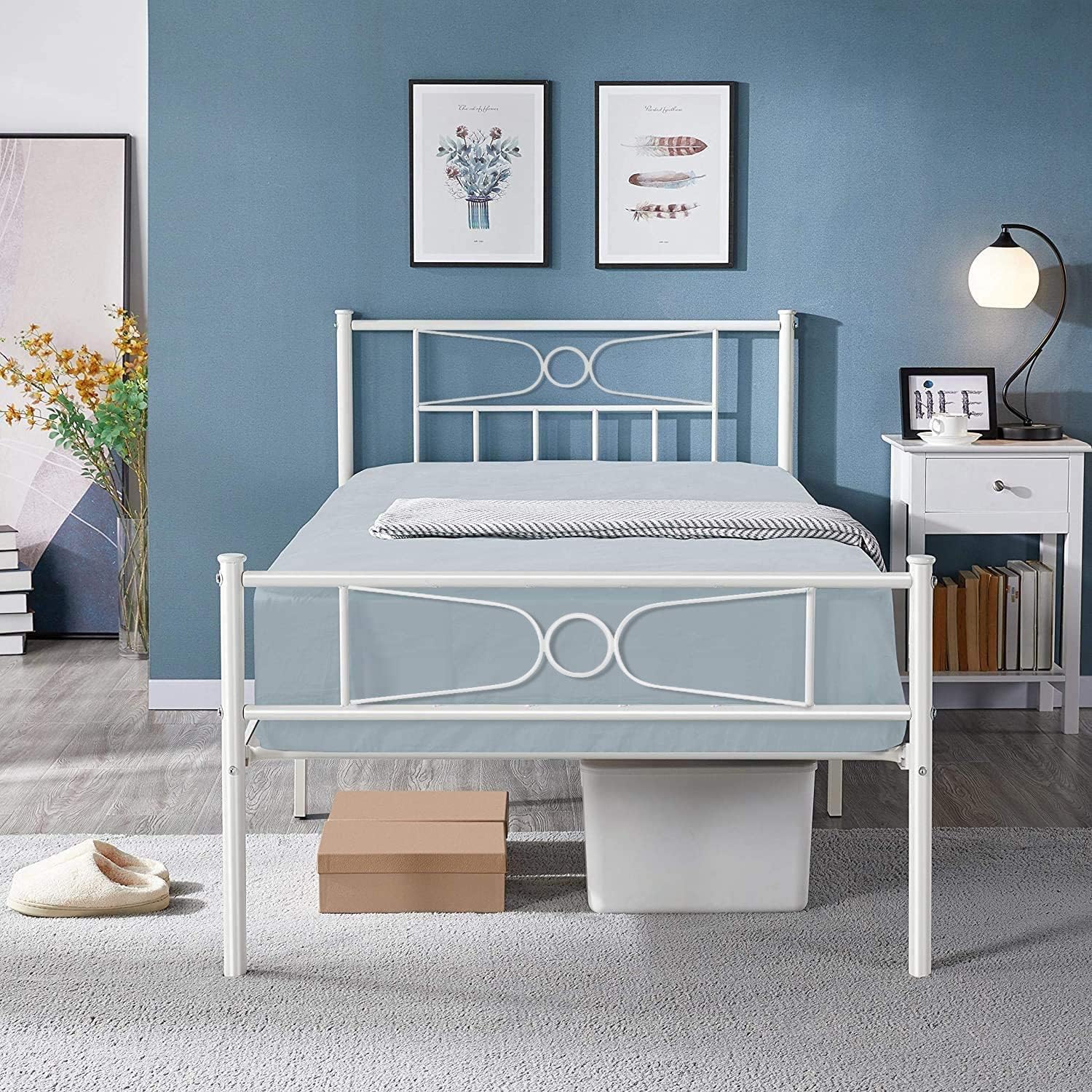 GIME White Twin Bed Frames with Storage, Metal Single Bed