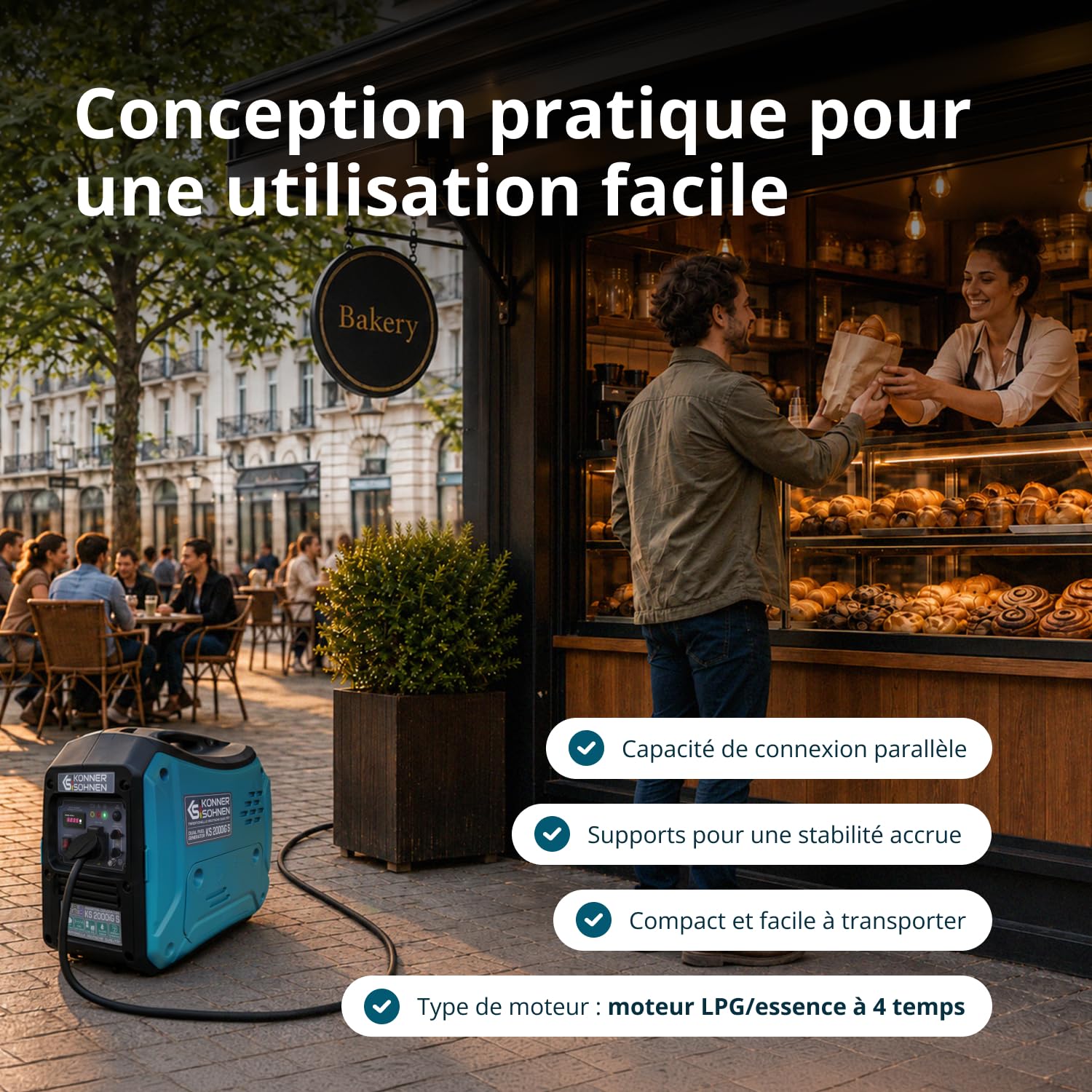 Générateur inverter à gaz/essence Könner & Söhnen KS 2000iG S, boîtier insonorisé, 2000 W, une prise 1x16A (230V), 2 ports USB, affichage LED, Economie mode, enroulement en cuivre, EURO V, onduleur
