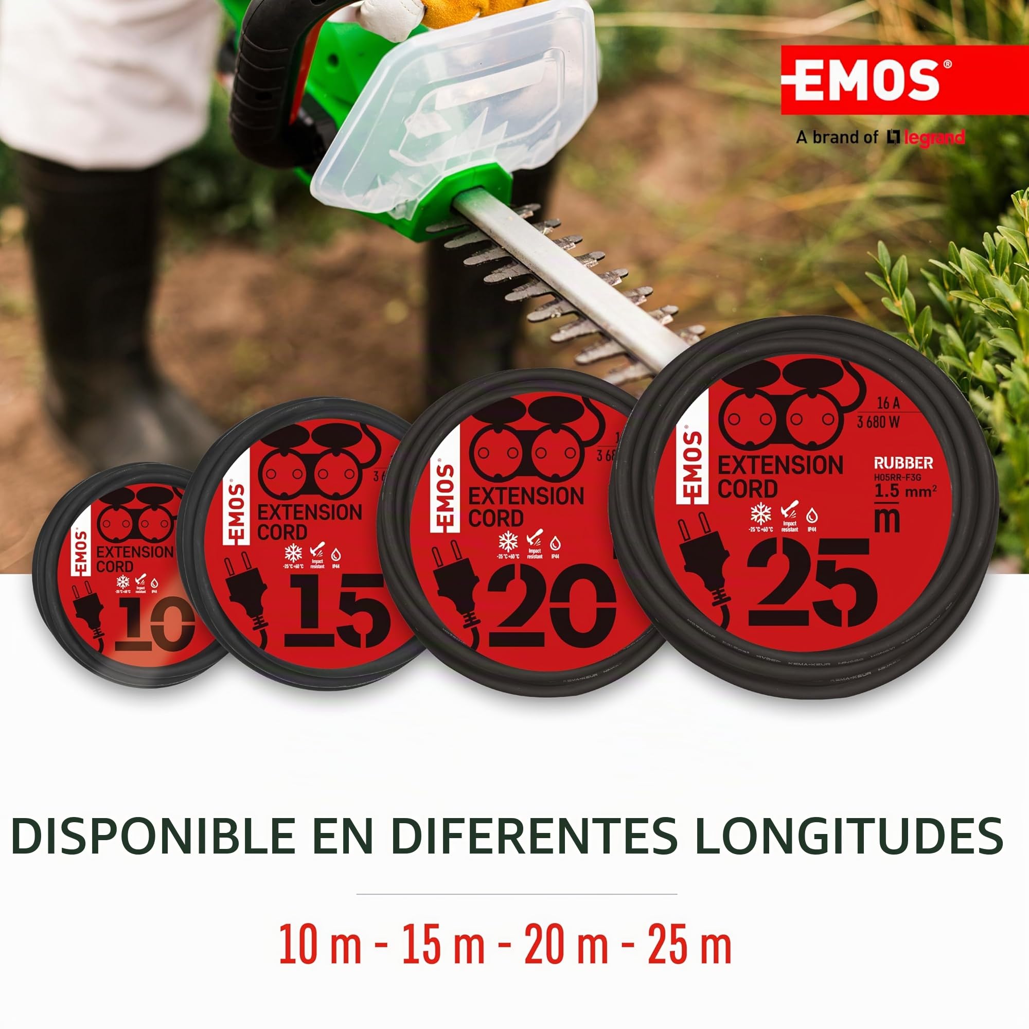 EMOS cable alargador IP44 10 m, 2 Schuko, resistente agua, calor, golpes, 230 V 16 A 3680 W, goma H05RR-F3G 1.5 mm², exteriores, negro