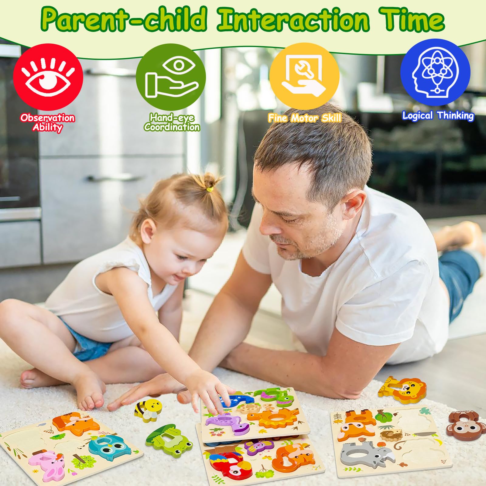 Puzzle en Bois Bebe 1 an 4 Pièces Animaux Montessori Jouet Educatif pour Enfant