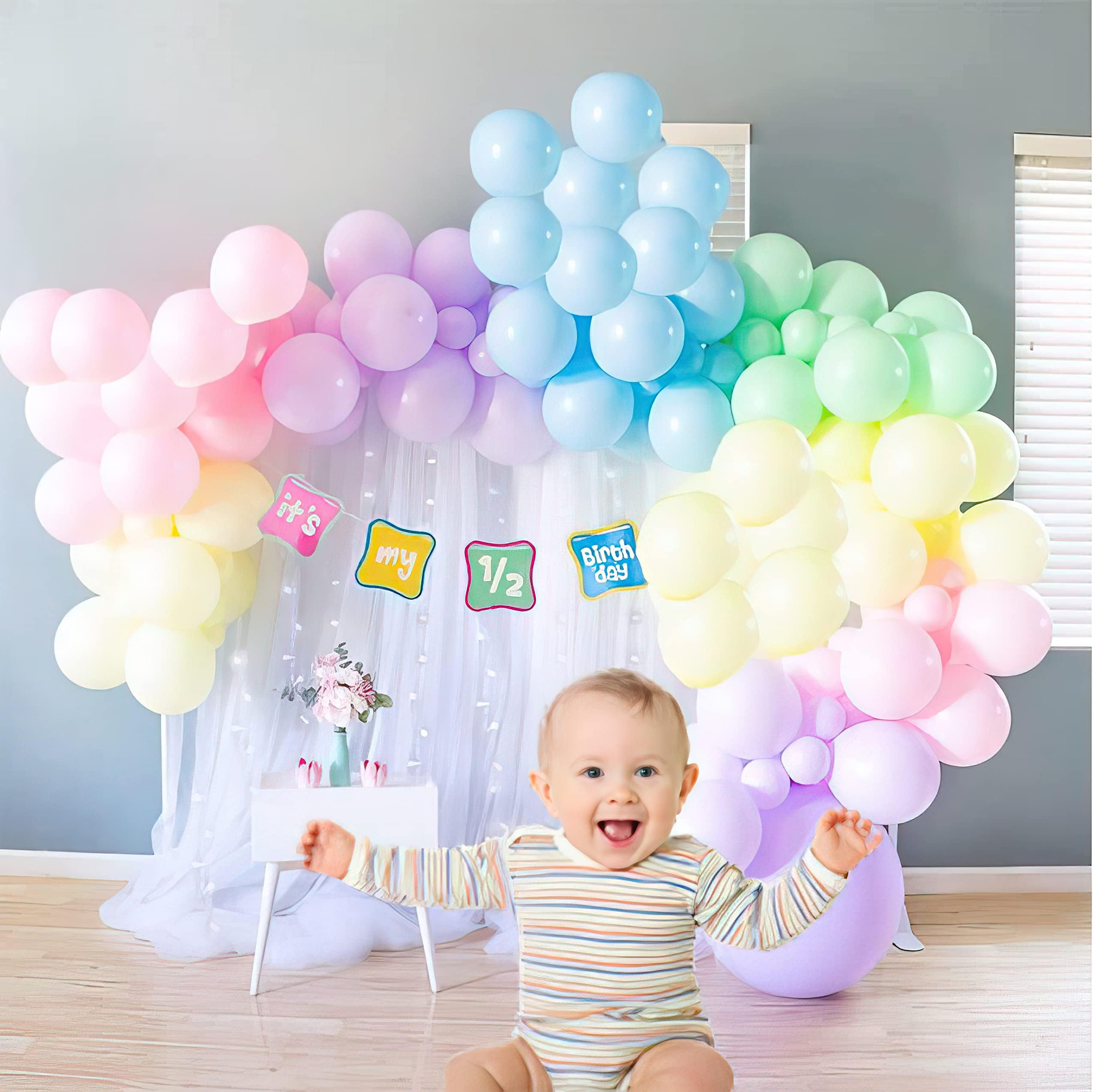 SpecialYou Half Birthday Decoration Items for baby girl, Birthday decoration kit, Pastel Pink, Purple, Blue, Yellow & Green Balloons, White curtains, Fairy lights (40ft)- 59 Pcs