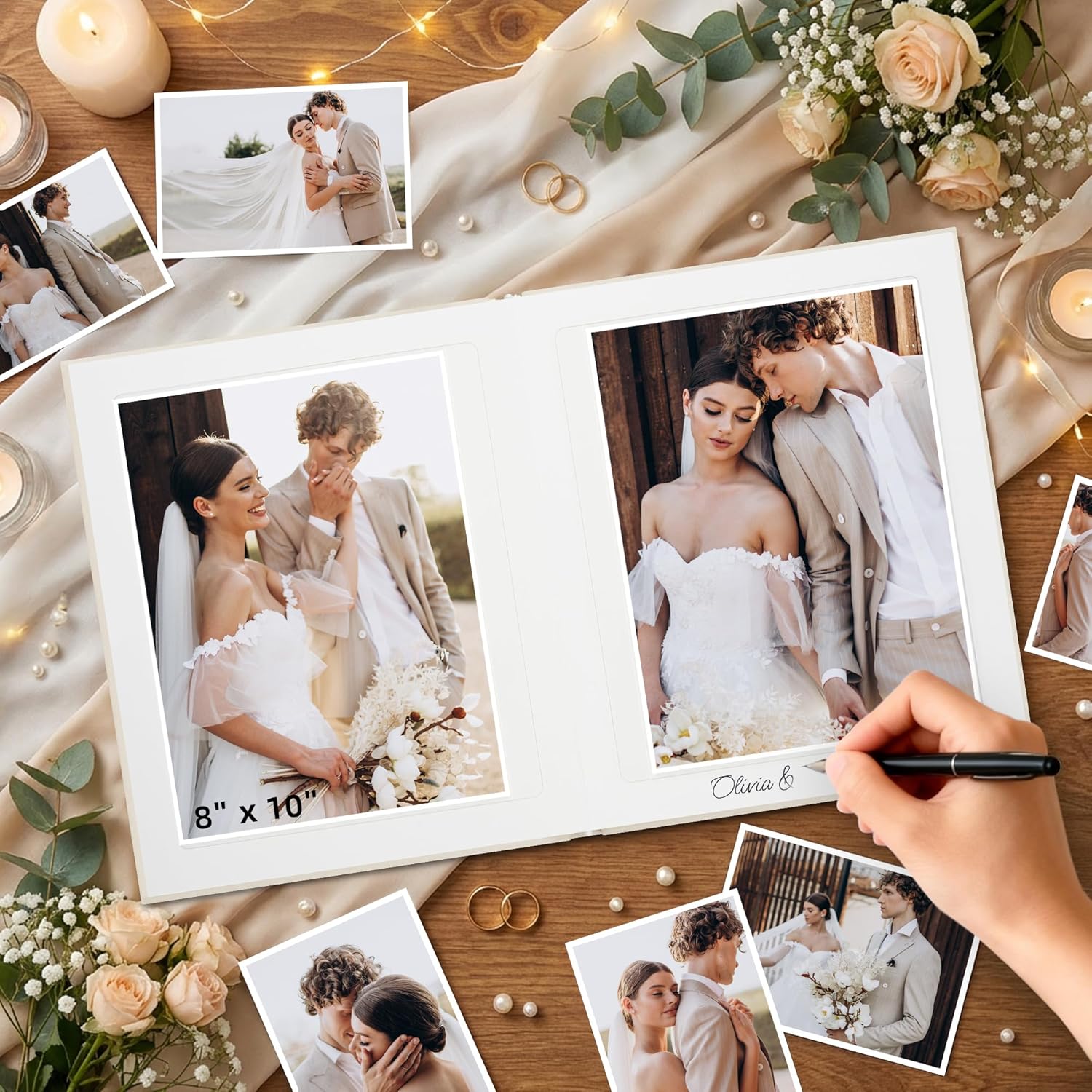 Vienrose Photo Album 8x10 30 Pockets, Fabric Cover Memory Book with Writing Space for Artwork Family Wedding Baby, Beige