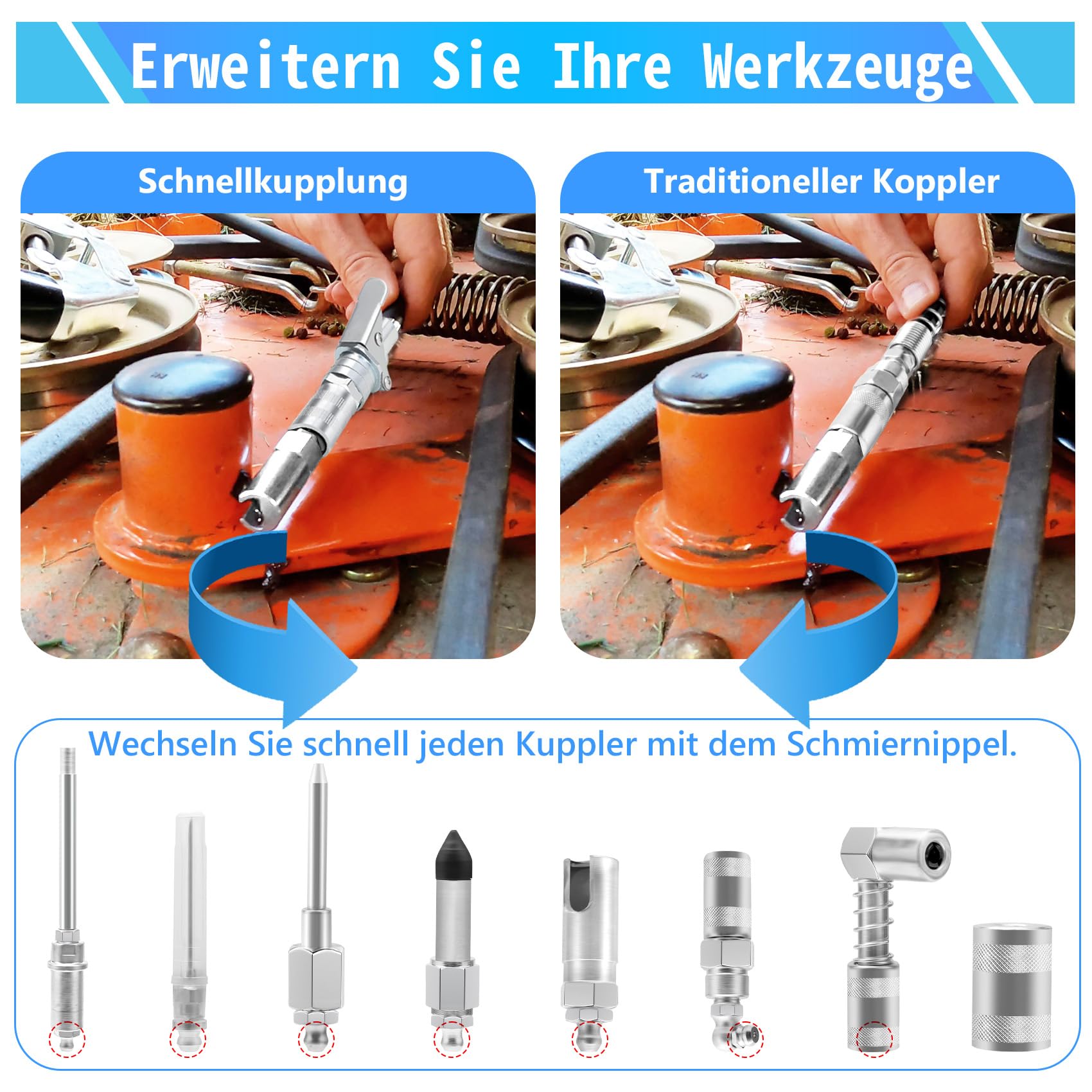 Fettpressenkupplungen, 9-teiliges Schnellverbindungs-Fettzubehör-Set mit Fettpressenspitzen,12" Schlauch Fettpresse Kupplung und Aufrolltasche, Ideal für Alle Arten von Fettpressen