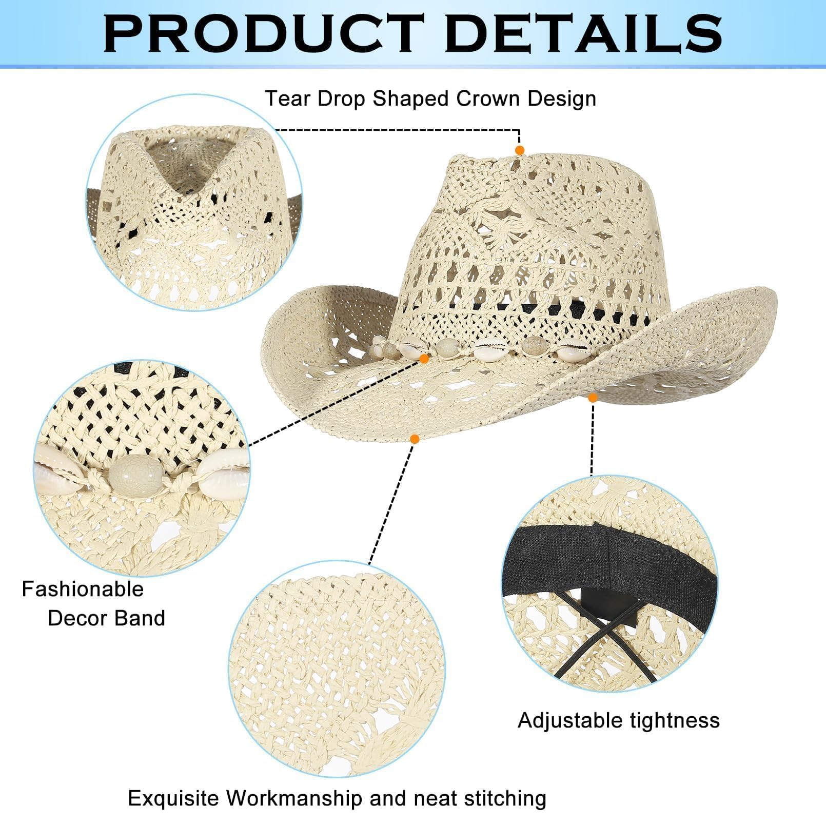 GEMVIE Ręcznie tkany Western Cowboy Hat słoma Panama Sun Hat dla Kobiet i Mężczyzn