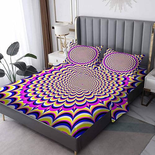 Sábanas de ilusión óptica tamaño Queen, sábanas y fundas de almohada con patrón psicodélico, bolsillo profundo de 16 pulgadas, juego de sábanas disponible en Yaxa Peru