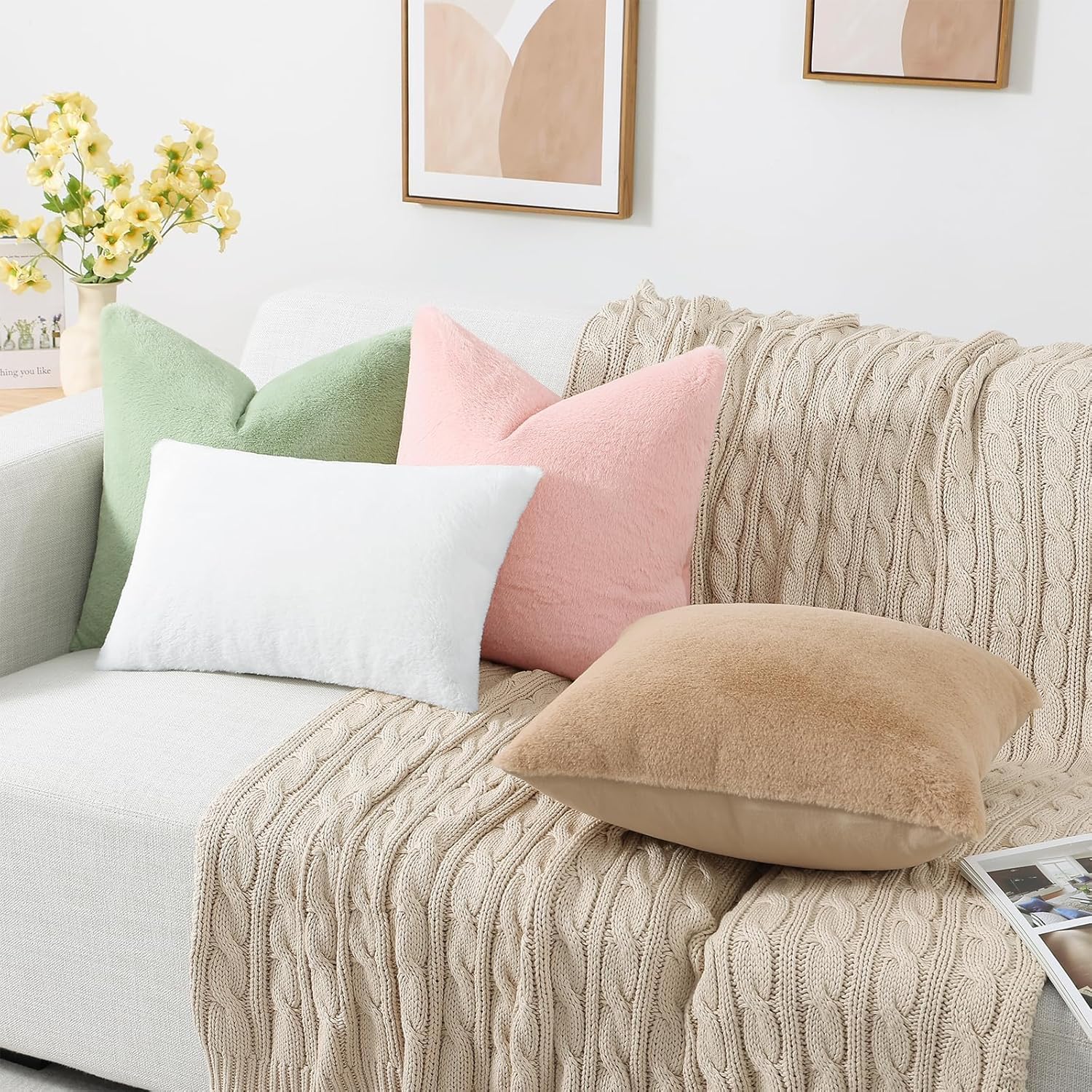 Pallene Faux Fur Plush Throw Pillow Covers 26x26 Set of 2, Luxury Soft Fluffy Cozy Decorative Pillow Covers for Sofa, Couch, Living Room, Blush Pink