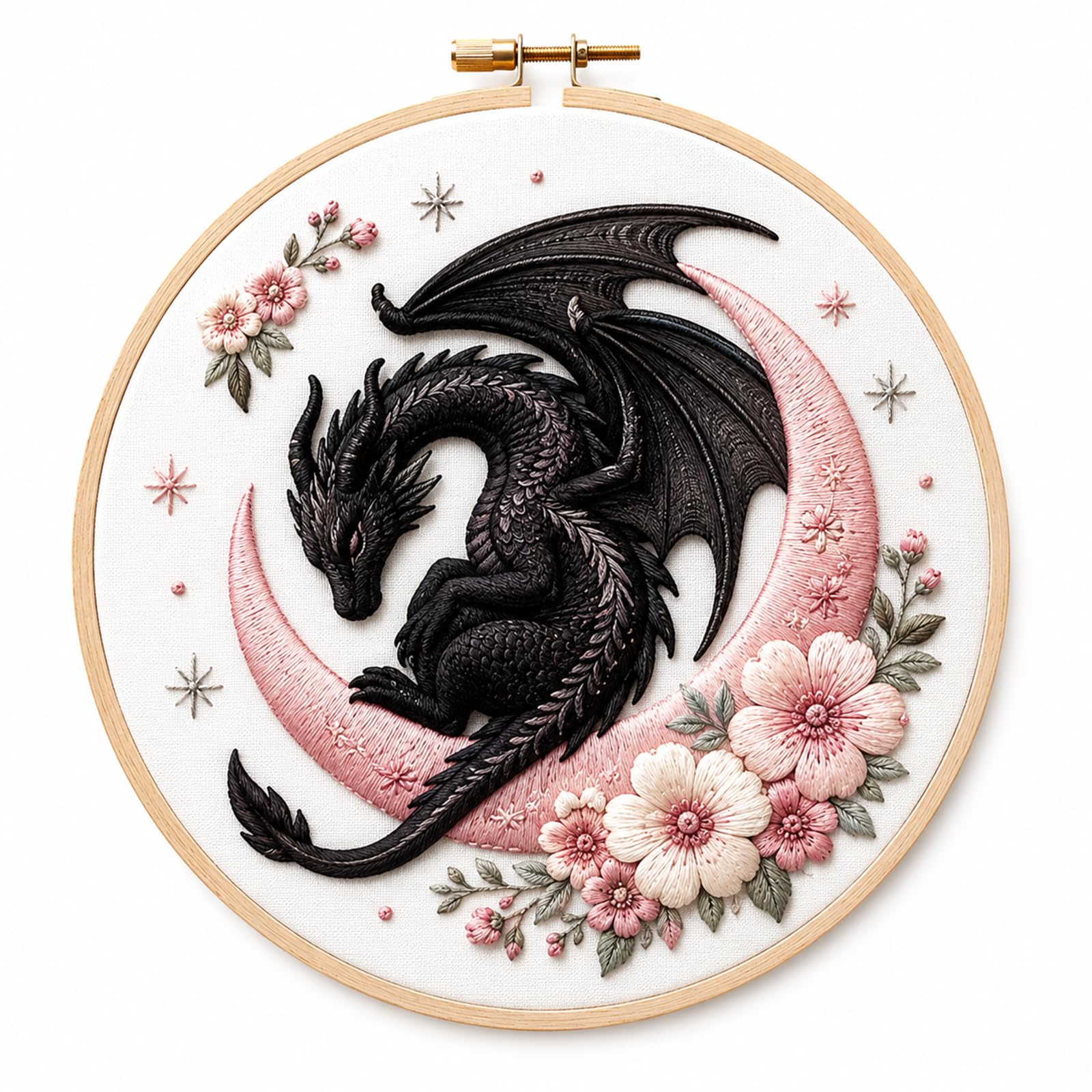 Hand Embroidery Kit for Beginners, Dragon Moon & Floral Hoop Art 25X25cm