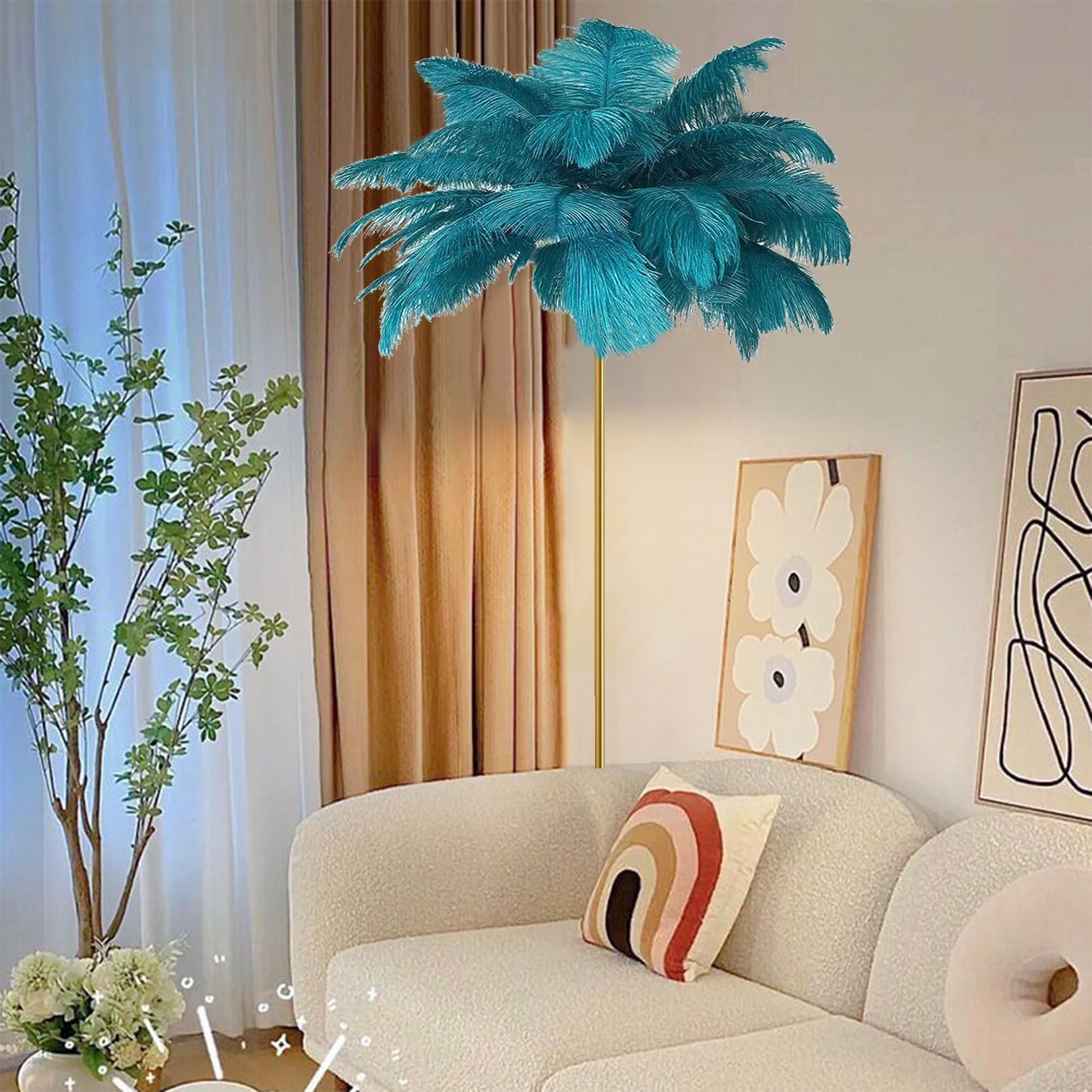 ANram Feather Lamp Bedside Lamps Dimmable Floor Lamp, 6 x LED Bulbs Included Tall Lamp Standing Light for Bedroom with Feather Lampshade (160cm/66.9in),Blue,Large
