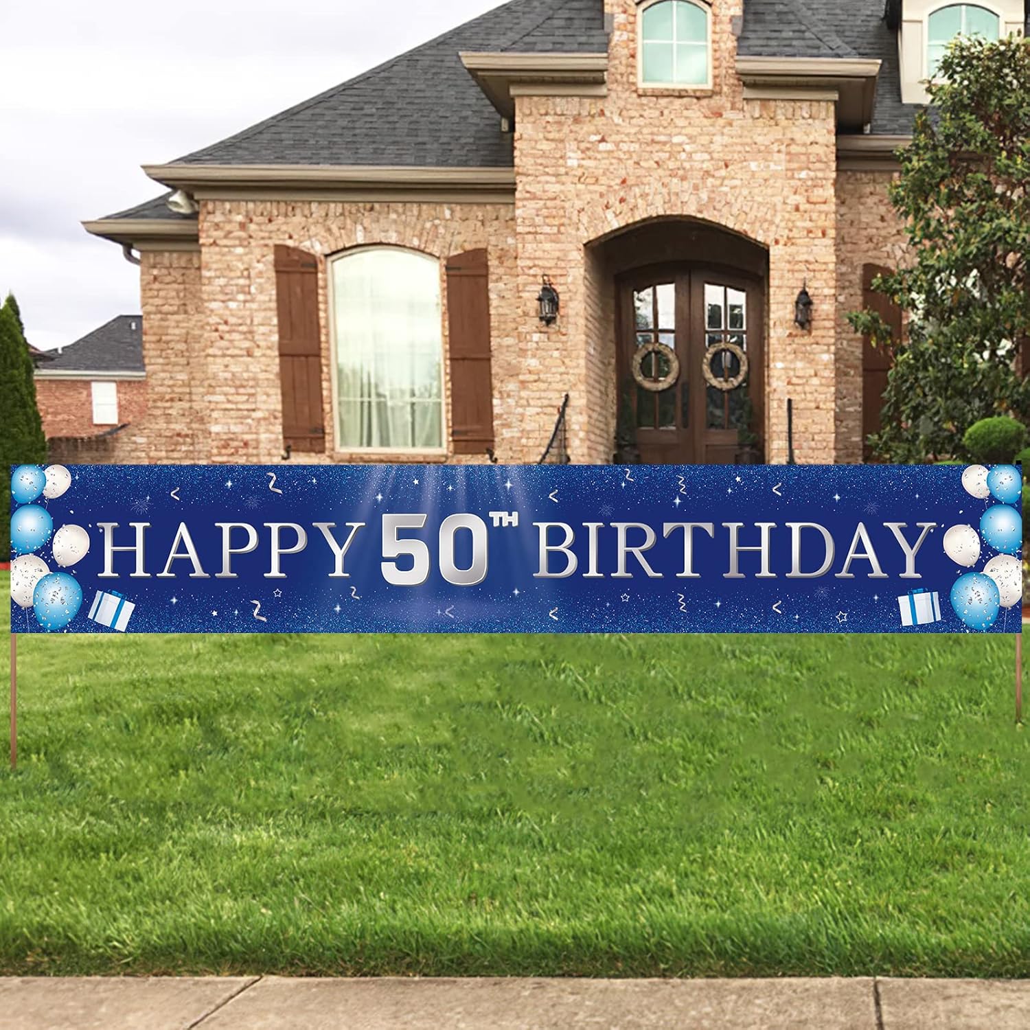 TZSS 50th Birthday Decorations for Men Women, Blue Happy 50th Birthday Banner Yard