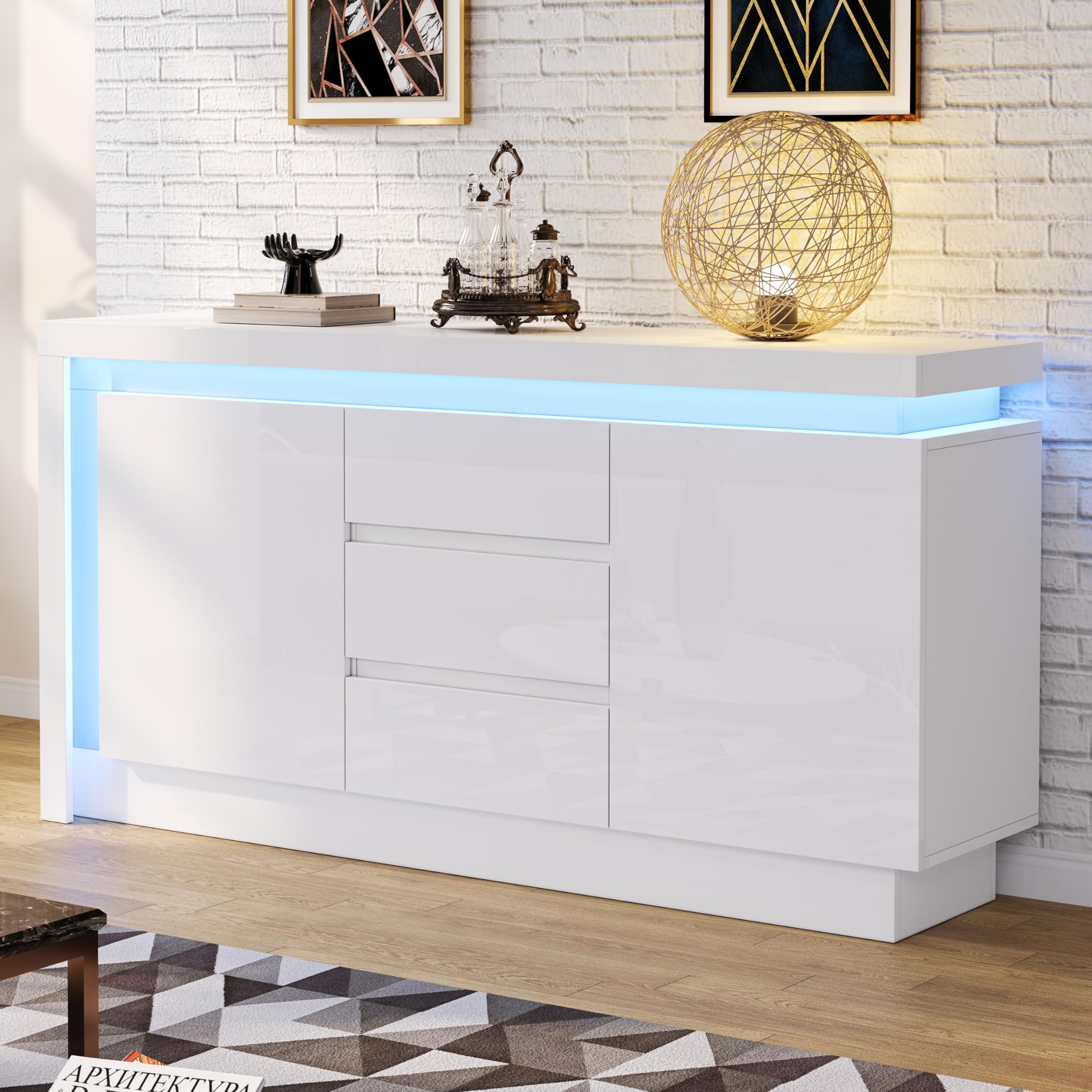 BTM 140x35x72cm Sideboard,Kommode für das Schlafzimmer, Wohnzimmer,Beistelltisch mit 3 Schubladen,Schrank mit verstellbaren Einlegeböden und 2 Türen, Hochglanz Sofa Beistellschrank mit LED, Weiß