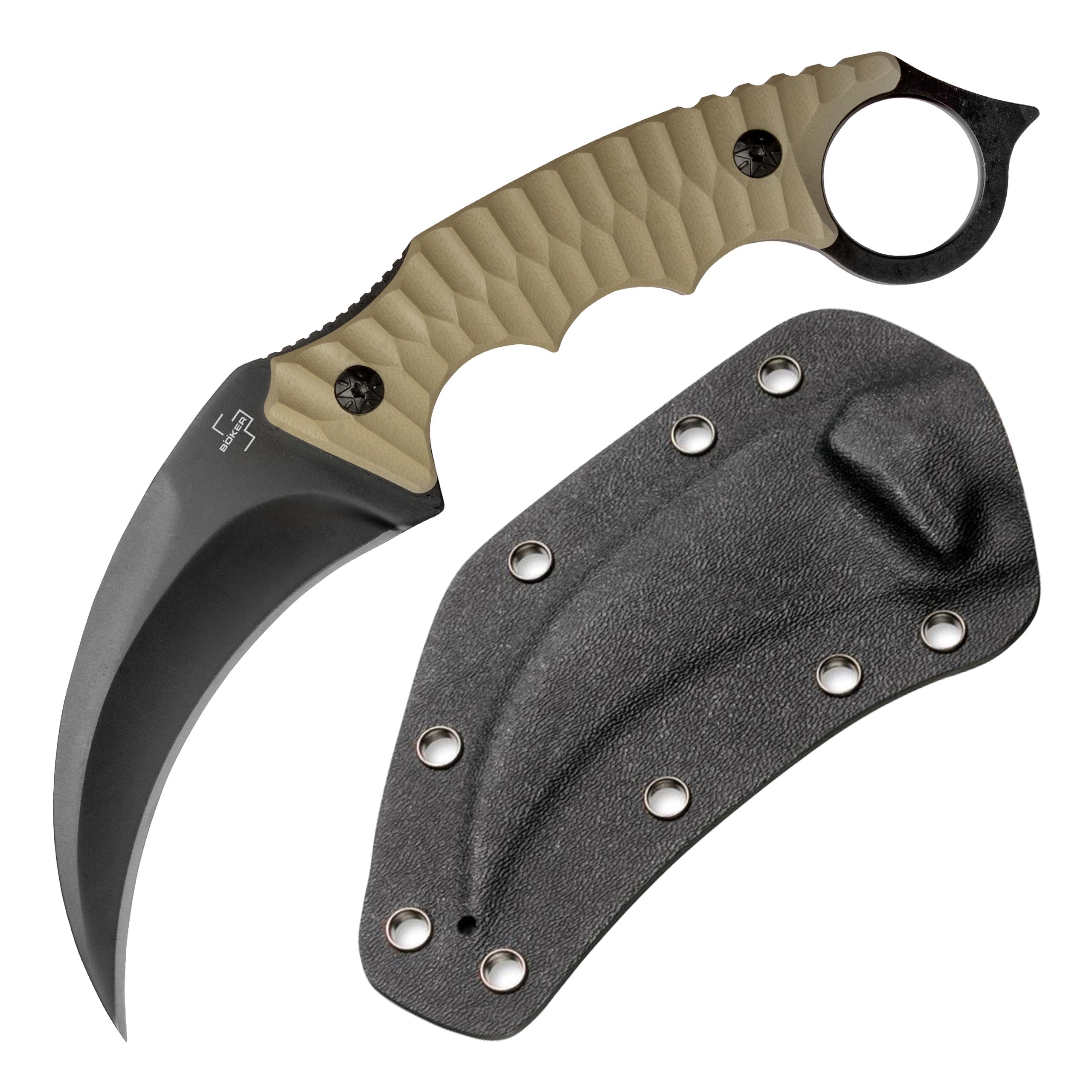 BÖKER PLUS Spike Karambit - Karambit Messer scharf - Fulltang Knife mit Sichel-Klinge schwarz - Hawkbill Messer mit Kydex-Scheide & Gürtel-Adapter - Profi Gürtelmesser mit Ring am G10 Griff-Ende