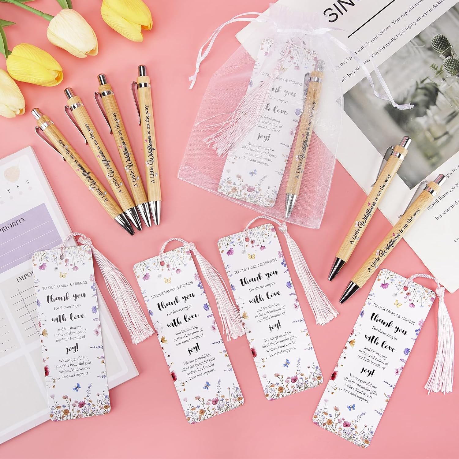 50 Sets Wildflower Baby Shower Favors for Guests, Little Wildflower Ballpoint Pens Thank You Bookmarks Organza Bags for Baby Shower Party Favors Gender Reveal Gifts Souvenirs Prizes Return Gifts