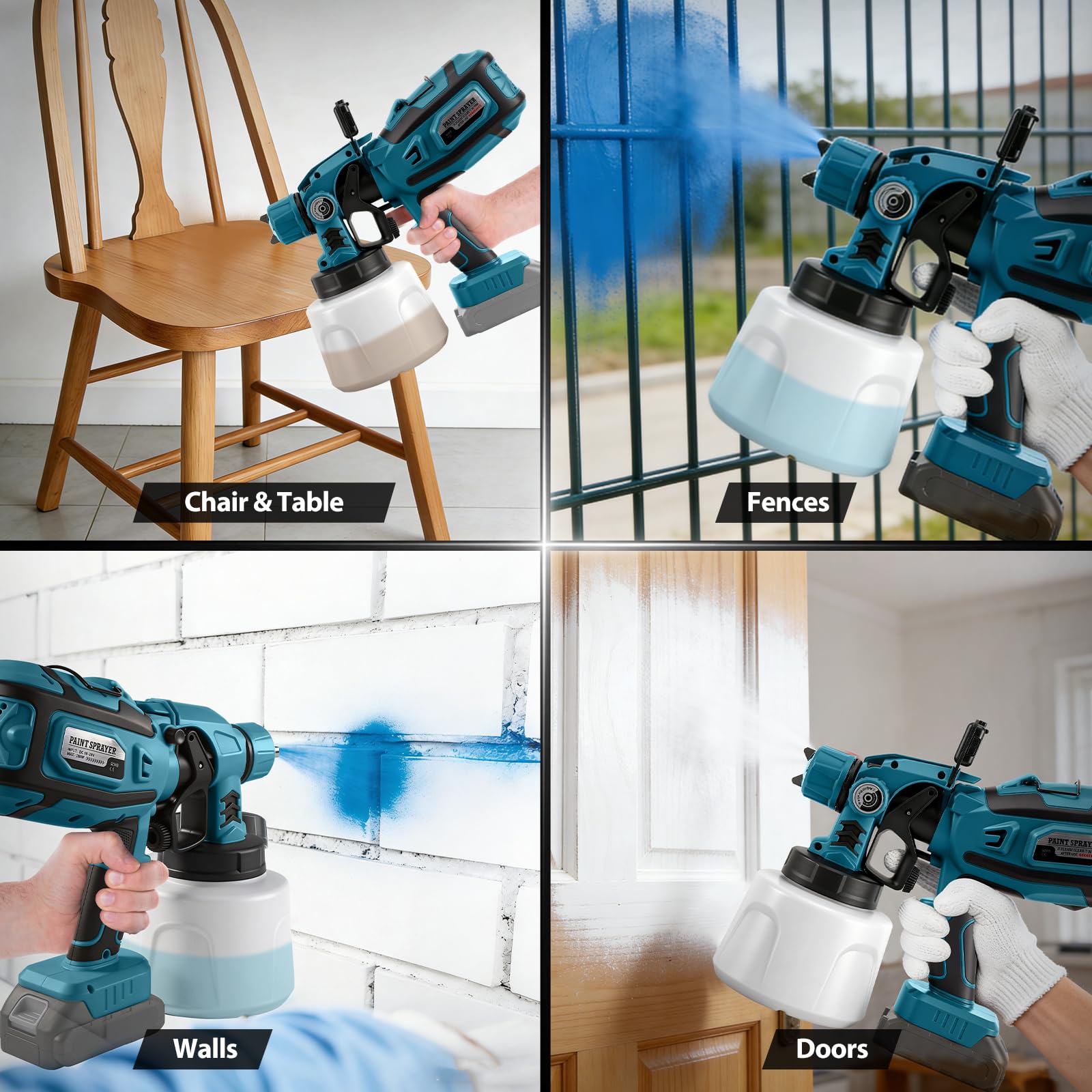 Pulverizador de Pintura Inalámbrico con LED para Makita 18V (sin batería) | 200W, Sistema de Pintura Eléctrico, Depósito 1,4L, 3 Patrones, 5 Boquillas, Cepillo, Guantes, Gafas