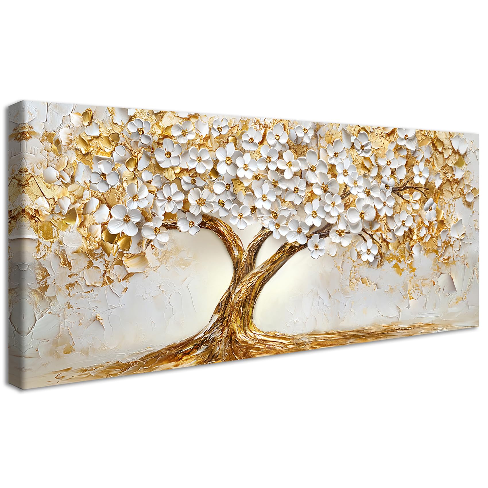 Framed Large Canvas Wall Art For Living Room Tree of Life Morden Painting Wall Decor For Bedroom Gold Tree White Blooming Flowers Picture Poster Canvas Print Dining Room Office Artwork 50x120cm — image 1