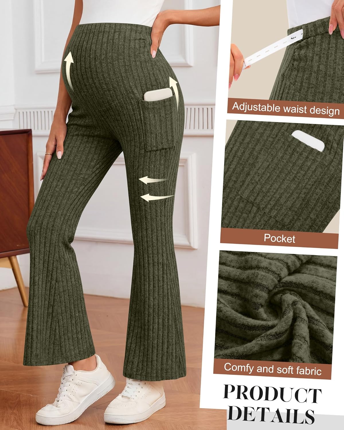 3 Pack Women's Maternity Ribbed Flare Pants Over The Belly Pregnancy Knit Sweater Soft Warm Trousers with Pockets - Image 5