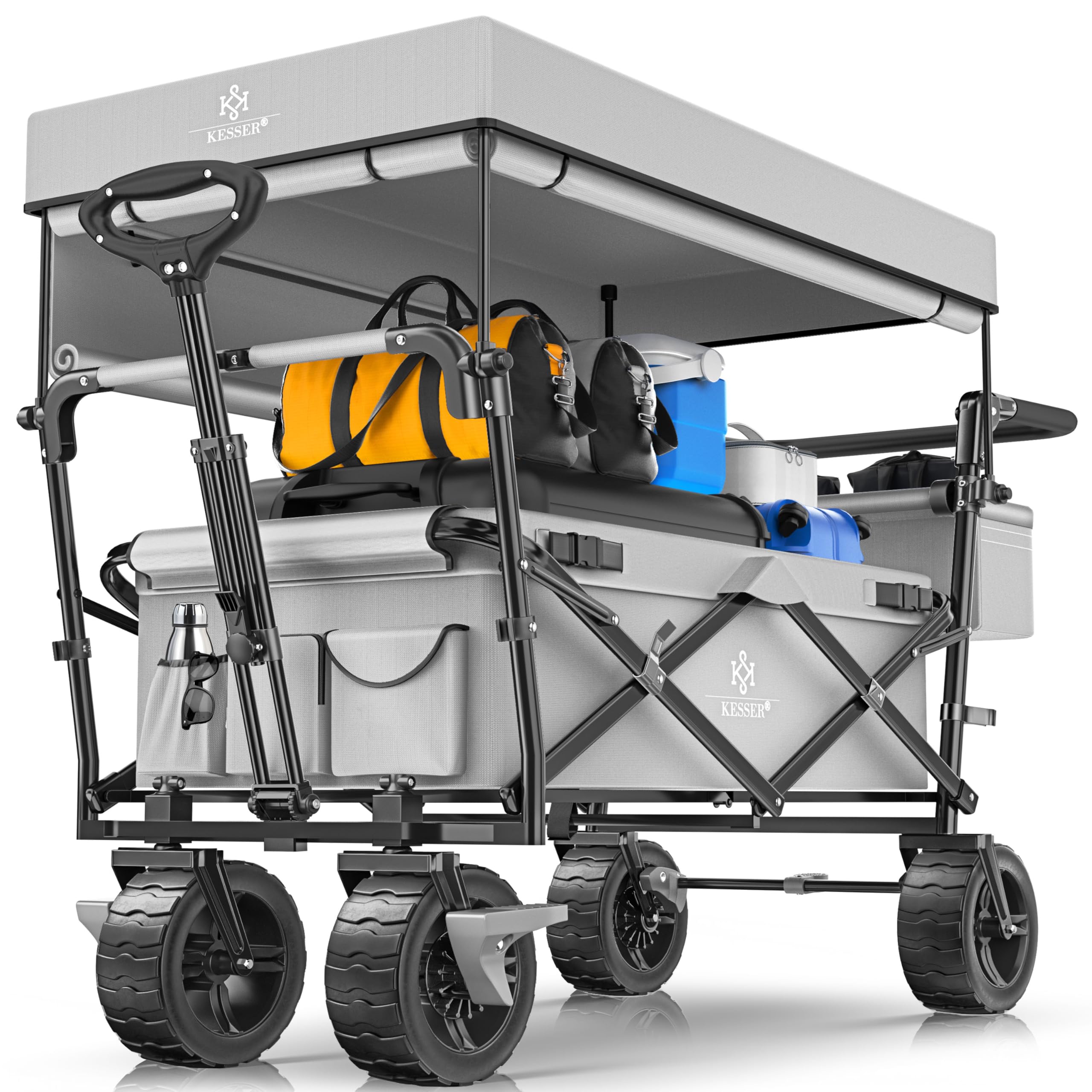KESSER GT9000 Chariot de transport pliable avec toit - Charge maximale : 150 kg - Avec roues en caoutchouc dur et freins de stationnement (avant et arrière) - Avec serrure, couverture, intempéries et