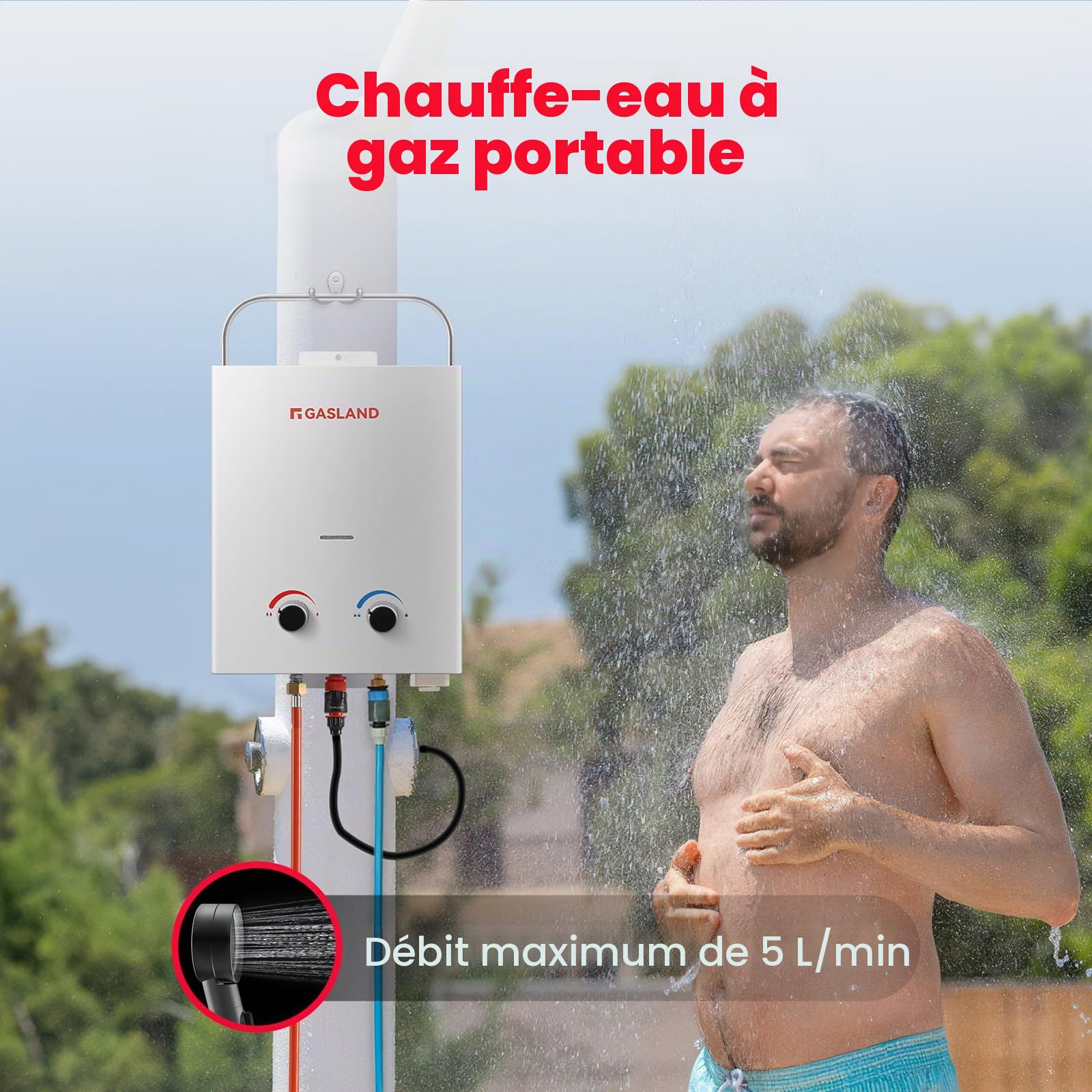 GASLAND AS132 Chauffe-eau à gaz, 5 L/min sans réservoir de gaz propane 30/37 mbar, chaudière instantanée à GPL avec poignée pour camping-car, camping, douche, lavage cheval