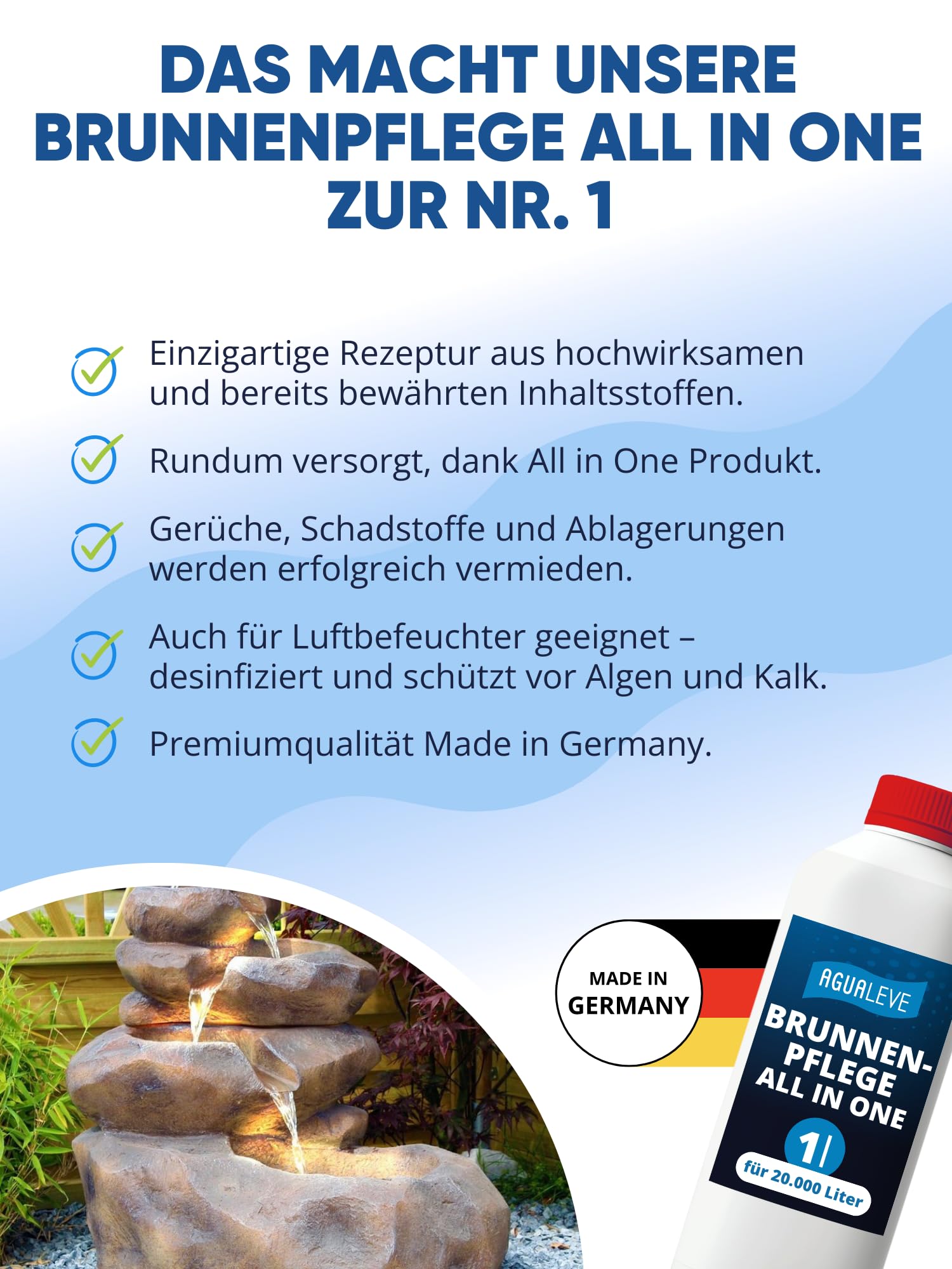 AGUALEVE® Brunnenpflege All in One 1 Ltr. *NEU* | Desinfektion, Algenschutz, Kalkschutz und Kristallklareffekt | für alle Brunnen geeignet, die Nicht säureempfindlich sind | Made in Germany