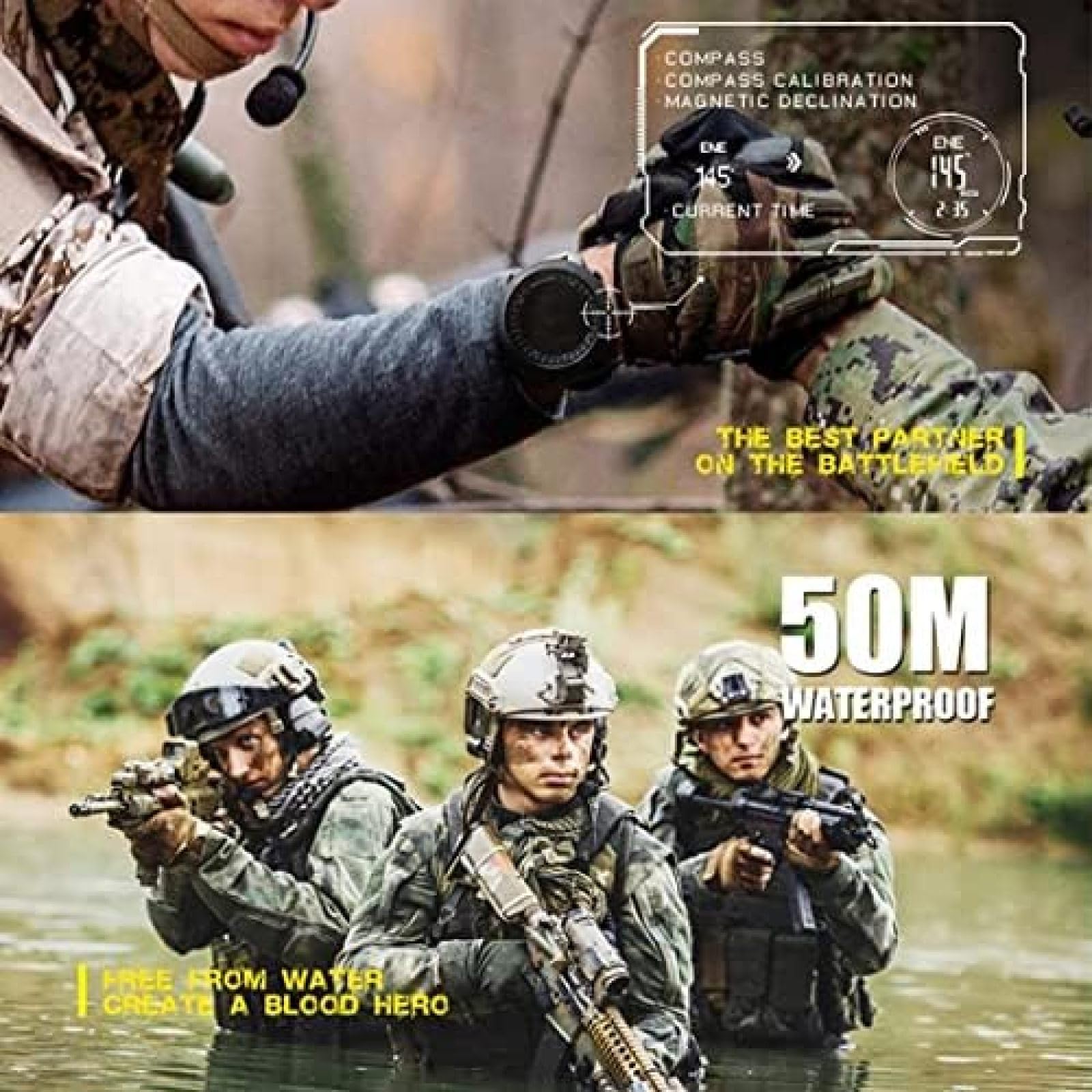 Męski inteligentny zegarek 50M Wodoodporny zegarek Krokomierz Zegarek sportowy Zegarek do biegania Alpinizm Pływanie Kompas Wysokościomierz Barometr Cyfrowy zegarek, I