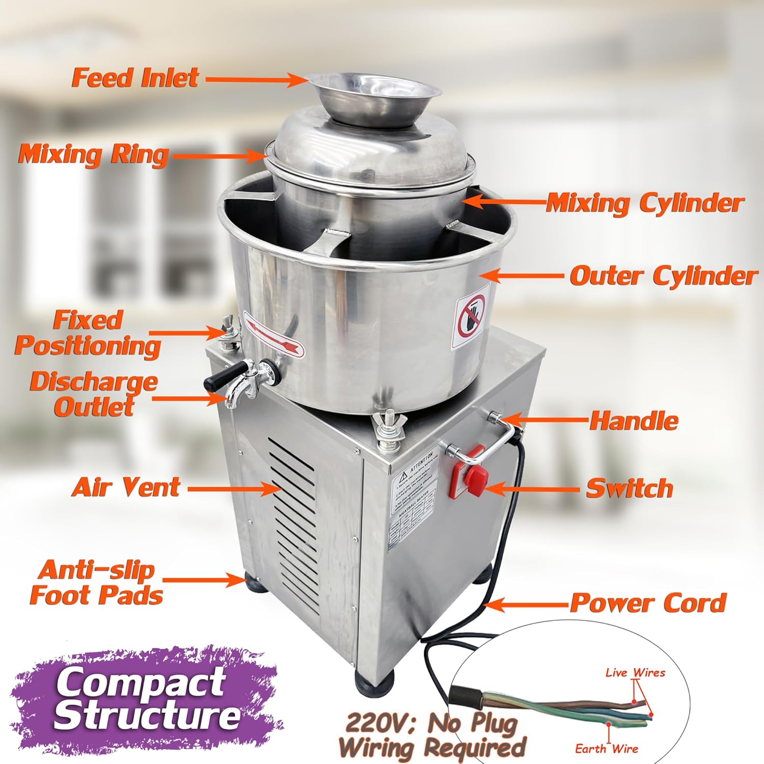INTSUPERMAI 220V Commercial Meatball Beater Machine Stainless Steel Meat Puree Making Machine 3000W Meat Grinder Meat Food Fish Processor 2800RPM Meatball Mincer Maker 9.45in Inner Cylinder