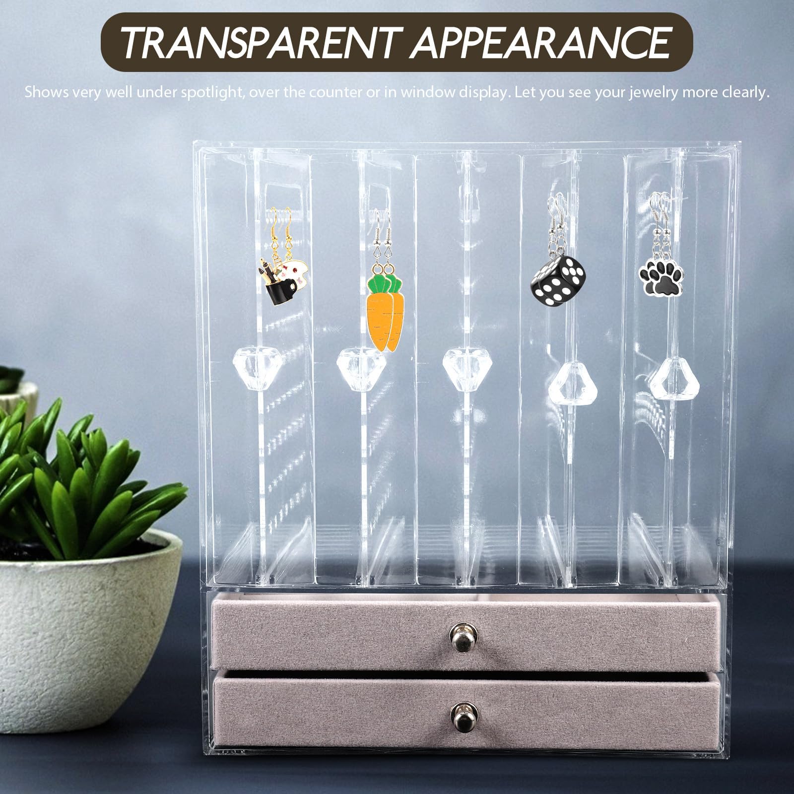Transparentes Schmuckkästchen mit zwei Schubladen, Schmuckaufbewahrung für Ohrringe, Ringe und Halsketten, übersichtlicher Organizer für Schmucksammlung auf Schminktisch oder Ladentheke
