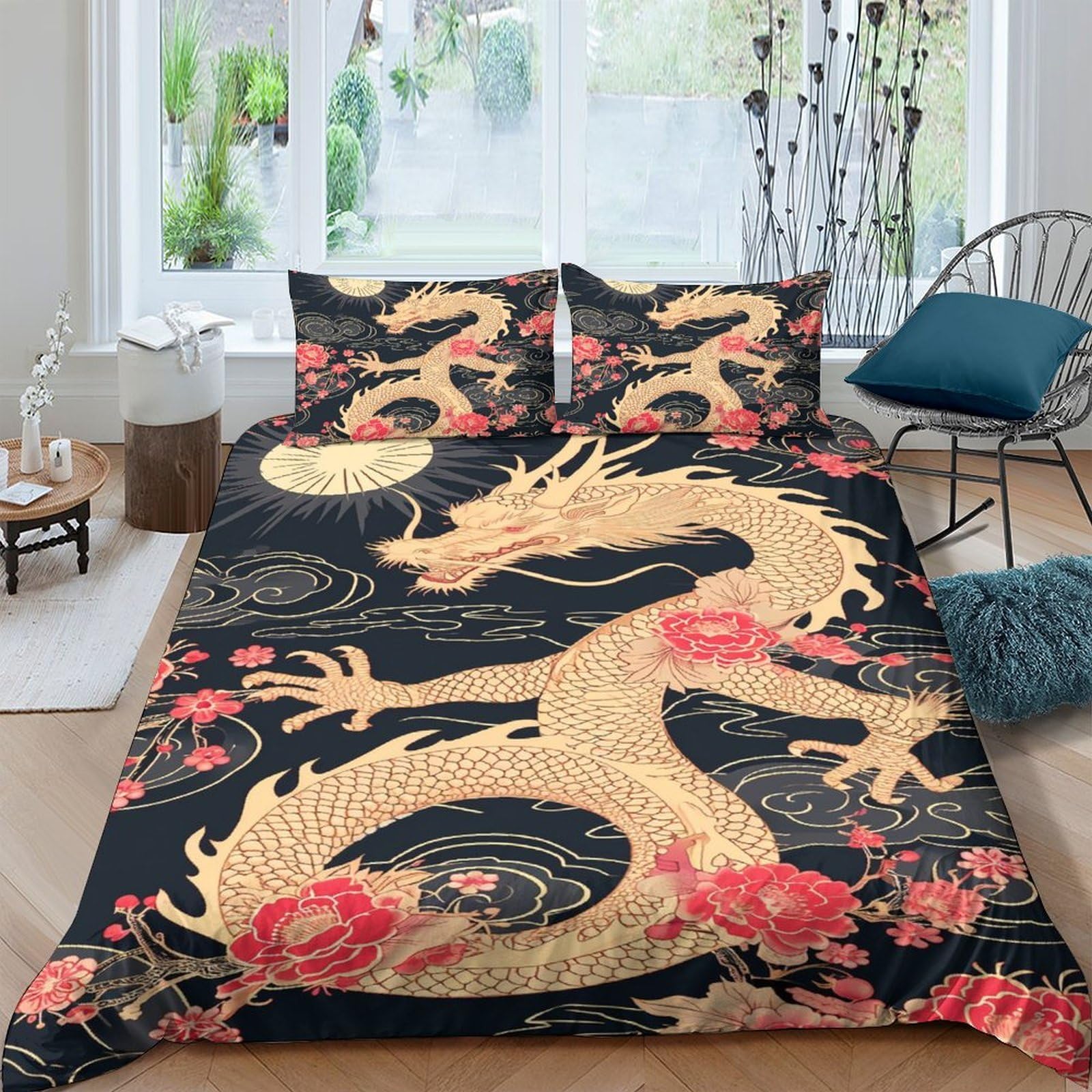 GPLZQXKJNH 3D Printed Golden Dragon Duvet Cover Microfiber Soft Oriental Floral Bedding Set with 2 Pillowcases for Bedroom Decor Single（135x200cm）