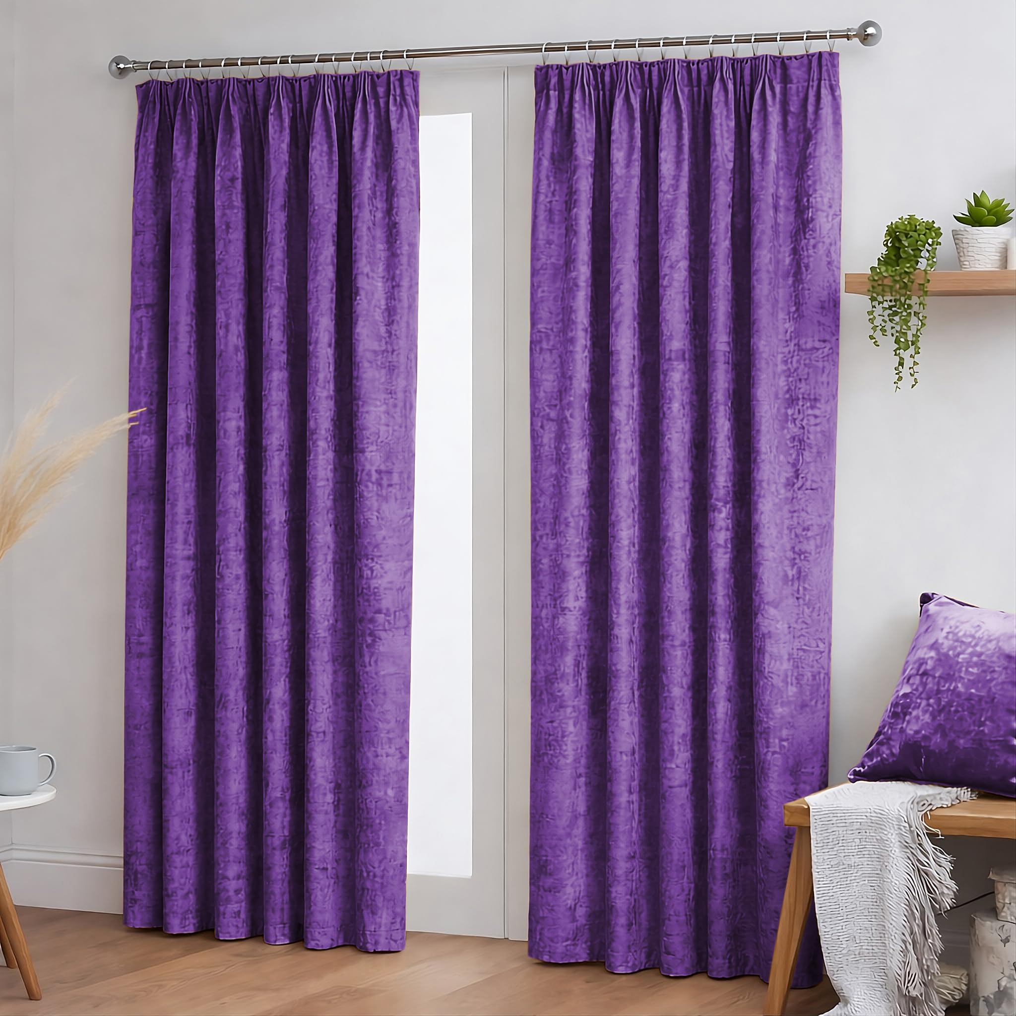 John Aird Aubergine Crushed Velvet Fully Lined Pencil Pleat Curtains (, 46" Wide X 72" Drop)