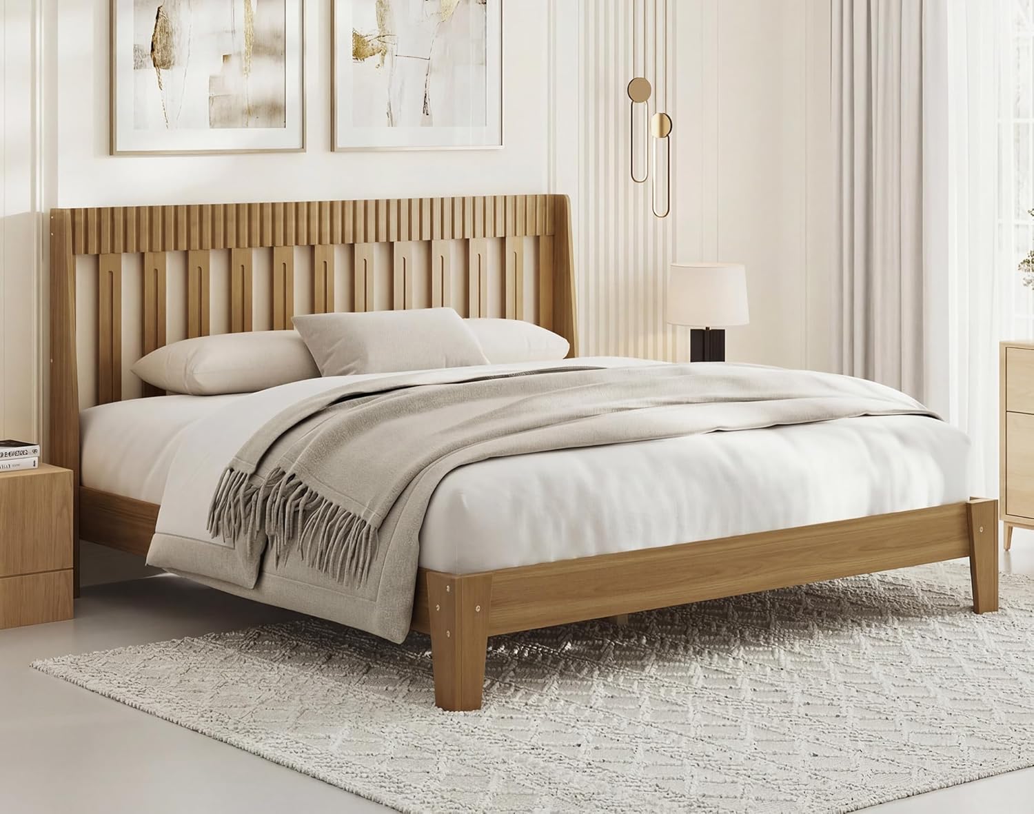 King Size Bed Frame with Headboard, Mid-Century Modern Wood Bed Frame with Fluted Headboard & Curved Wings, Noise-Free, No Box Spring Needed, Wood Slat Support, Easy Assembly, Honey Oak