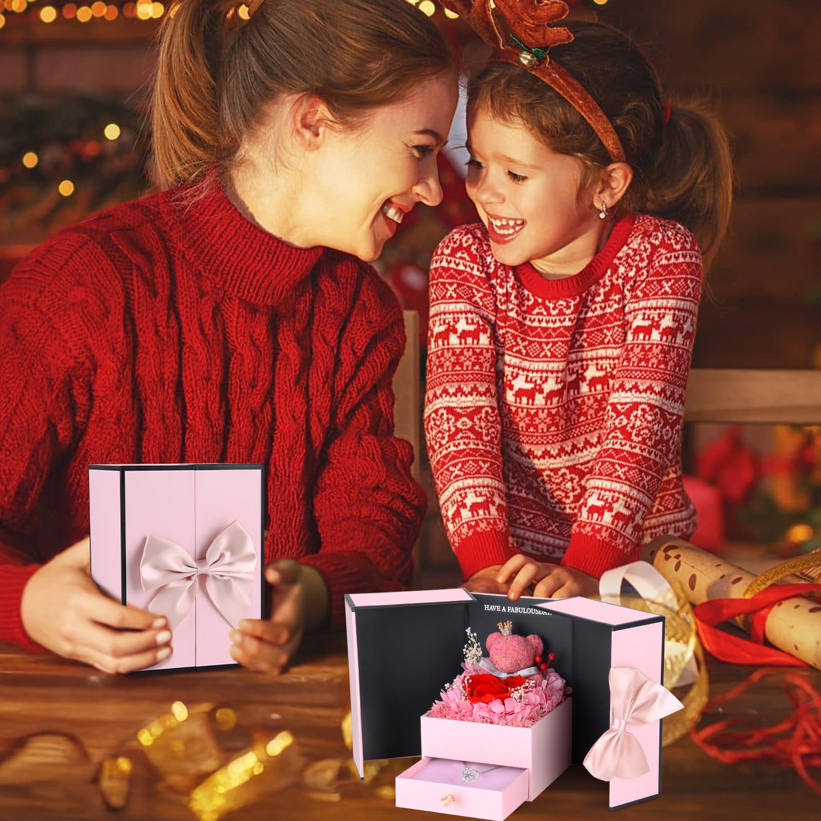 Rosa Eterna con Oso de Musgo,Rosa Eterna Natural Preservada con Collar Regalos Originales para Mujer Mama Novia Caja Regalo San Valentin,Dia de la Madre,Aniversario,Cumpleaños,Navidad