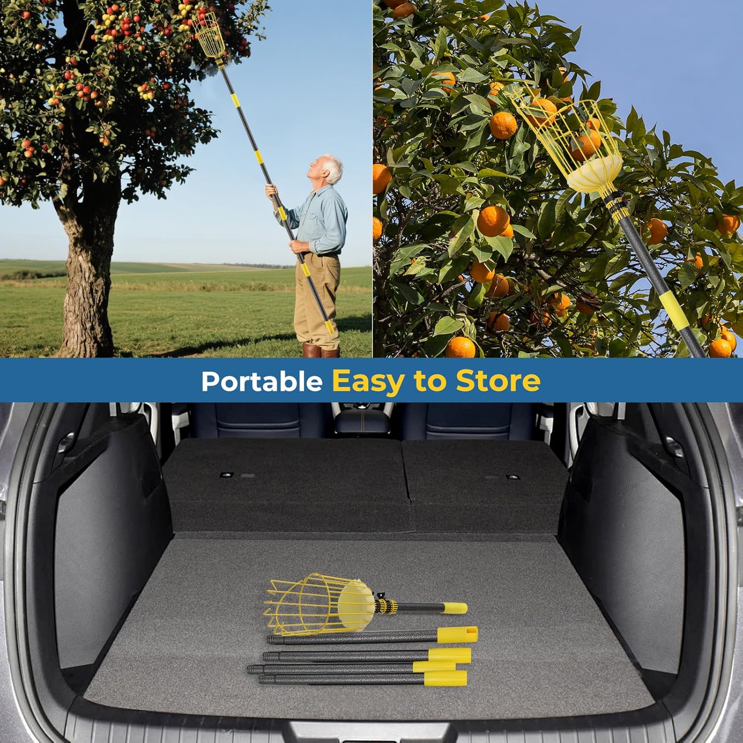 10FT Heavy Duty Fruit Picker, Adjustable Fruit Picking Tool with Basket - Garden Harvesting Grabber for Mango Apple Orange, Reach High Branches Without Ladder, Extendable Pole with Splicing Design