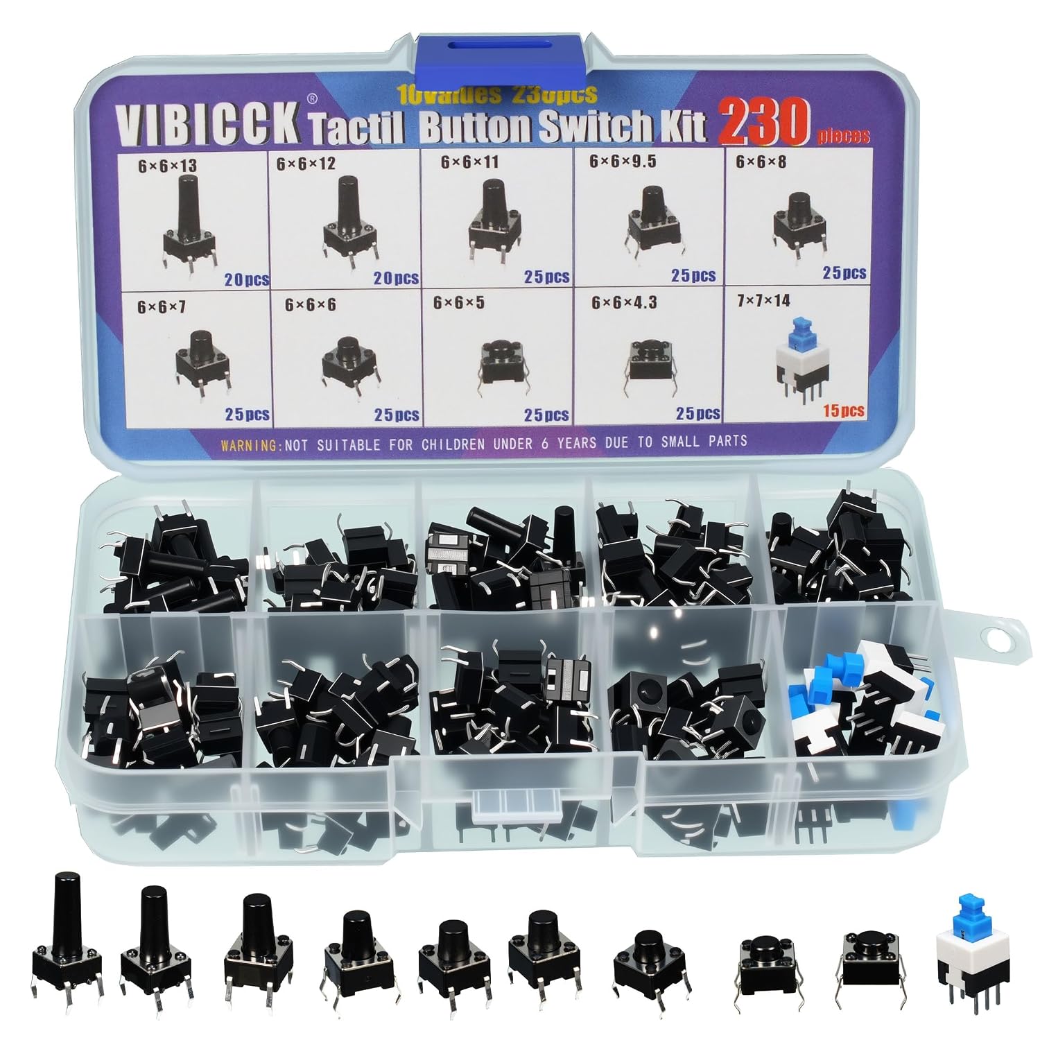 460pcs Tactile Push Button Switch Set, 8 Values (6x6mm) Momentary Tact Switches with 7 Color Button Caps, for Electronics, PCB Prototyping, DIY Projects