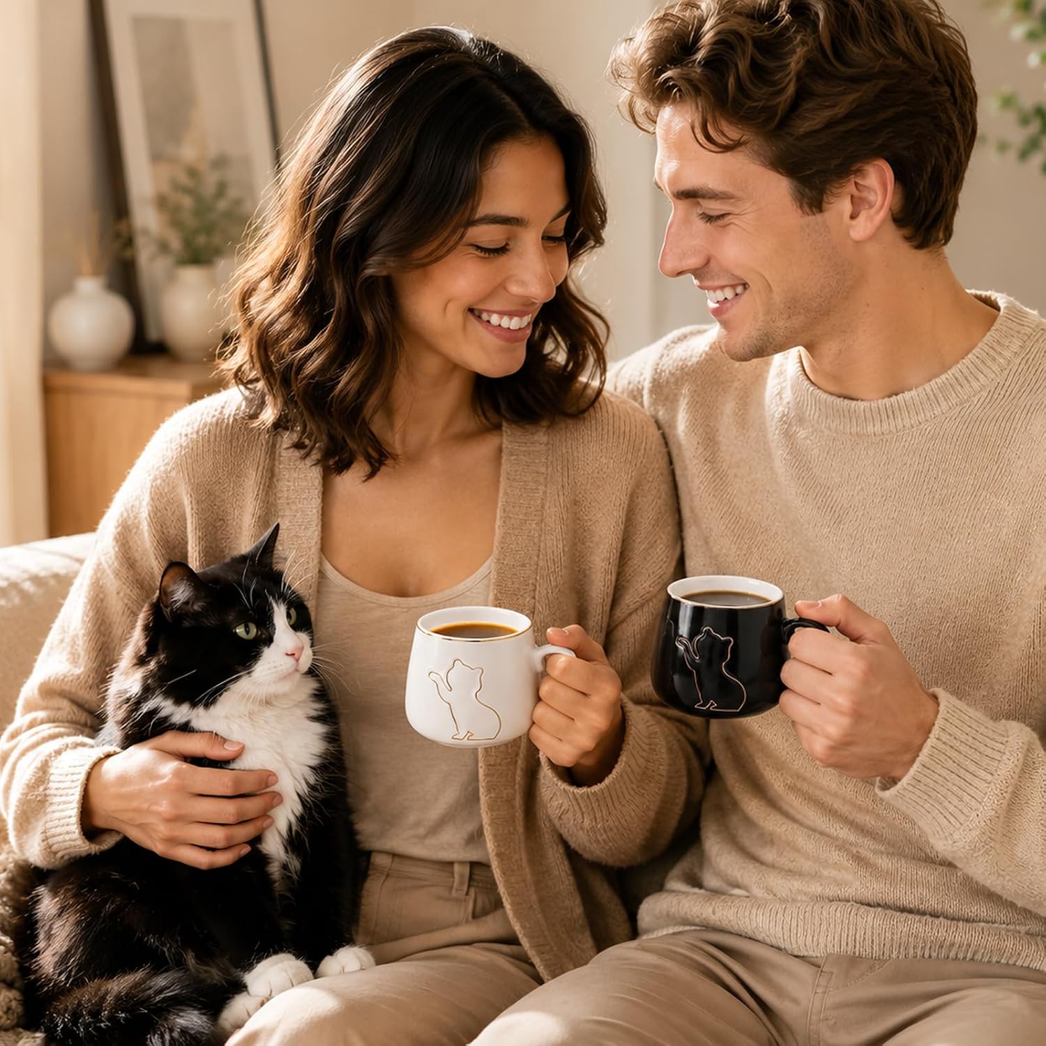 6 oz Ceramic Espresso Cups Set of 2 with Saucers Cat Coffee Cup Set with Gold Rim and Gift Box for Espresso Cappuccino and Coffee Black and White