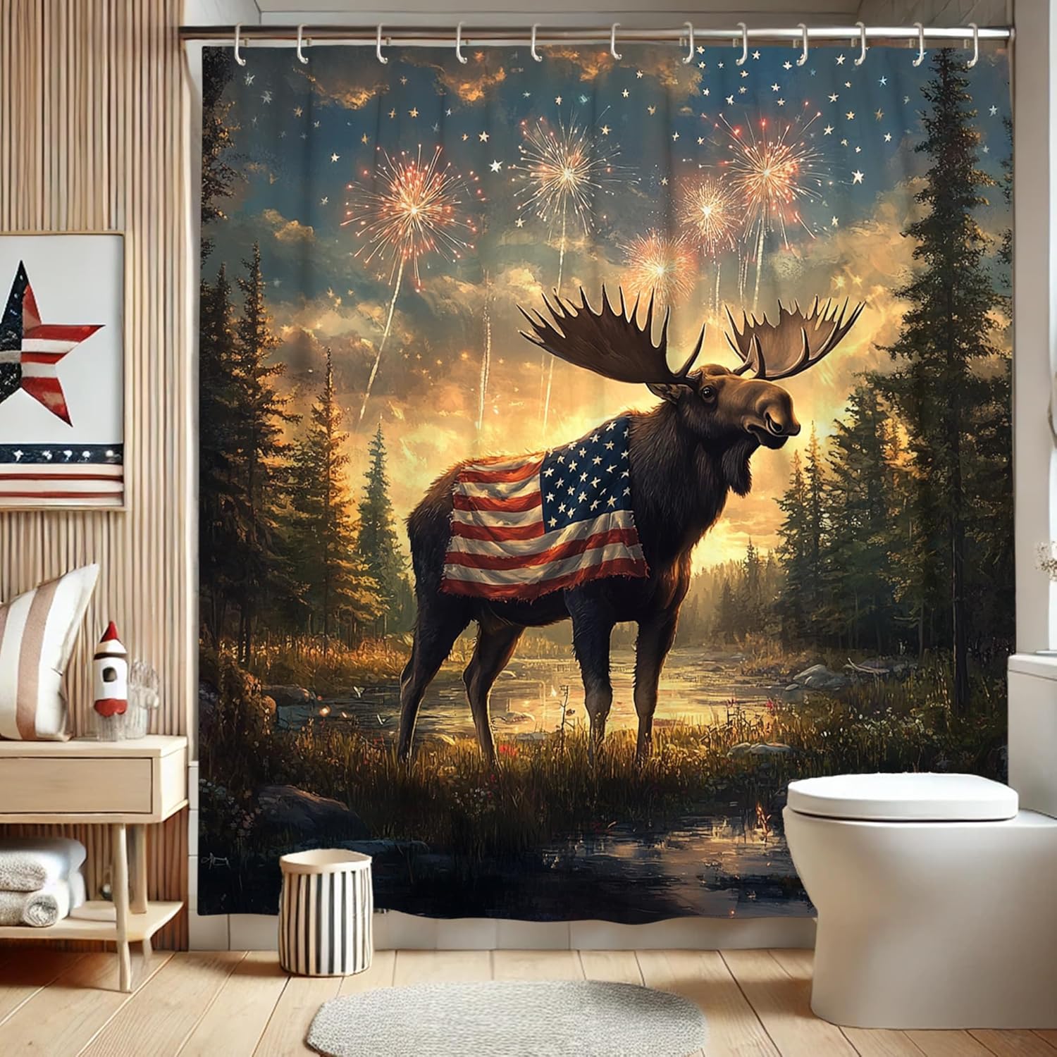 Moose Shower Curtain, Patriotic Rustic Forest Moose Bath Curtain for Independence Day Decor, Summer Vintage America Flag Waterproof Fabric Shower Curtain Set with Hooks 72x72 Inch