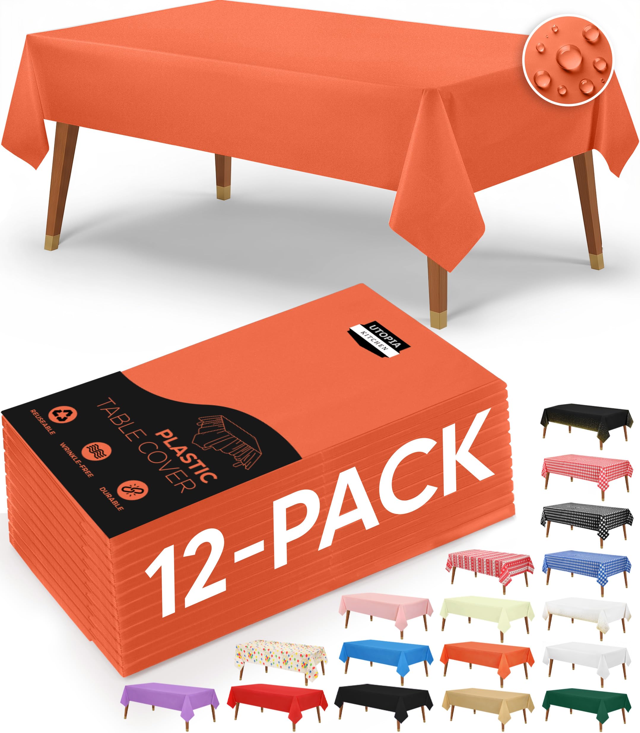 Utopia Kitchen Lot de 12 nappes rectangulaires jetables en plastique – 137 x 274 cm – Orange – Imperméables et résistantes aux taches – Pour fête