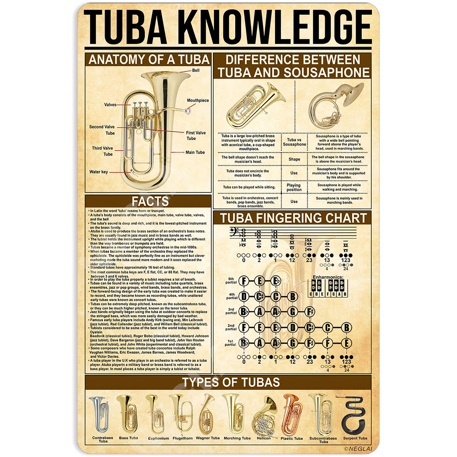 NEGLAI Tuba Knowledge Metal Signs Poster, Wall Decor Artwork Gifts for Musician 16x12 Inches