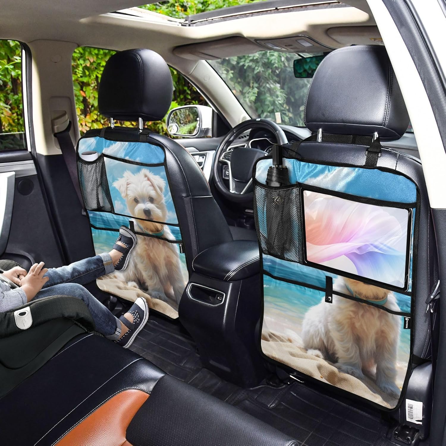 Car Seat Back Protector White Dog Beach Print, Backseat Organizer with Pockets for Tablet Bottle Tissue Book, Auto Kick Mats 25x18 IN 2 Pack