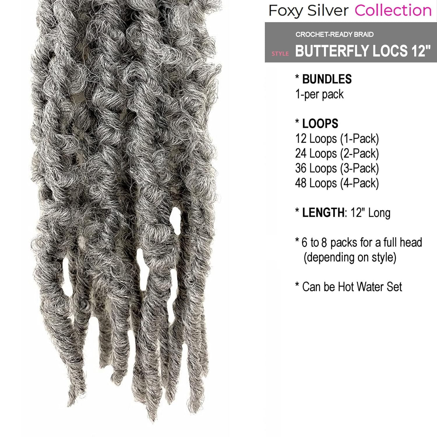 Foxy Silver (Foxy Braid - Butterfly Locs - 12 Loops - 12 Inch - 6 Packs) - Synthetic Crochet Braiding Hair in 280, 6pack, 21.0 ounces