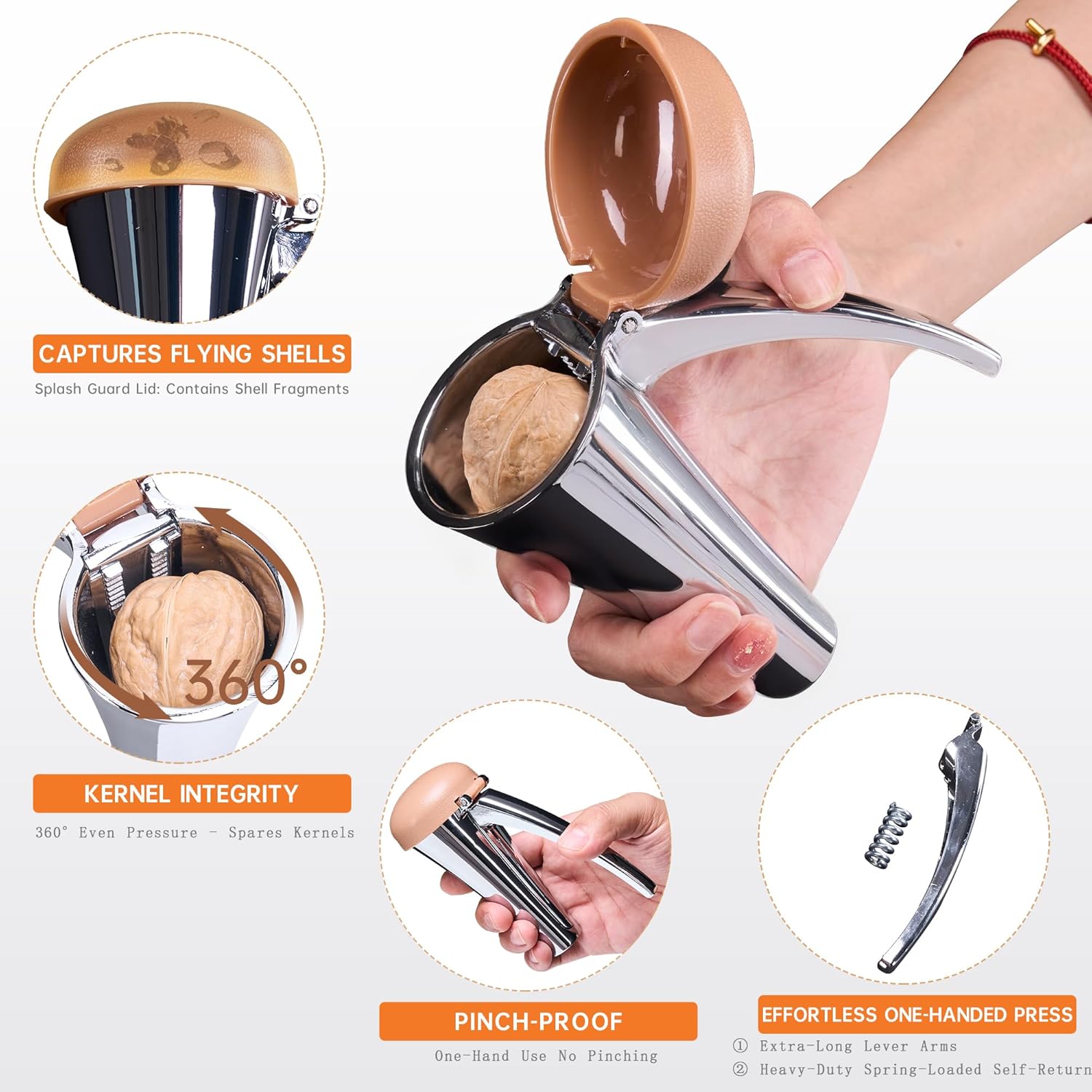 Nutcracker: Effortlessly Cracks Large to Medium Nuts, Heavy Duty Nut Cracker tool with Splash-Proof Brown Lid, Long Ergonomic Leverage & Spring Return walnut pecan cracker - Image 4