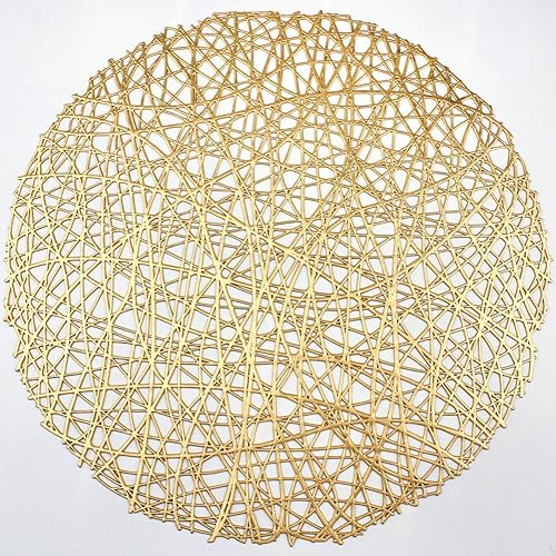 Manteles individuales redondos dorados para mesa de comedor, juego de 6 manteles individuales metálicos con líneas huecas circulares de vinilo para