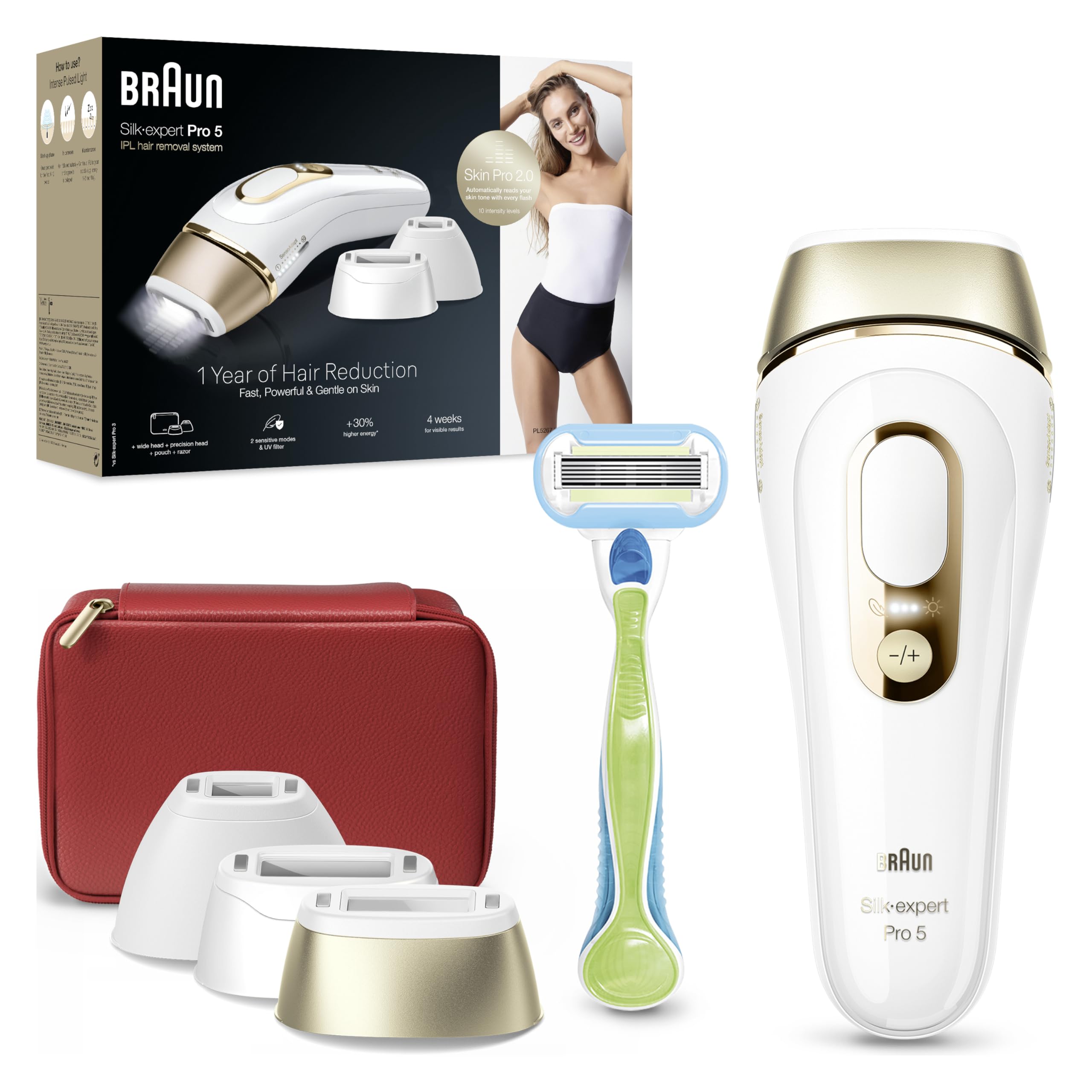 Braun Luz Pulsada Silk-expert Pro 5, Eliminación Del Vello En Casa, Alternativa a Depilación Láser, Depiladora IPL Con Funda, Maquinilla Venus, 3 Cabezales Para Cara y Cuerpo, Blanca/Dorada, PL5262